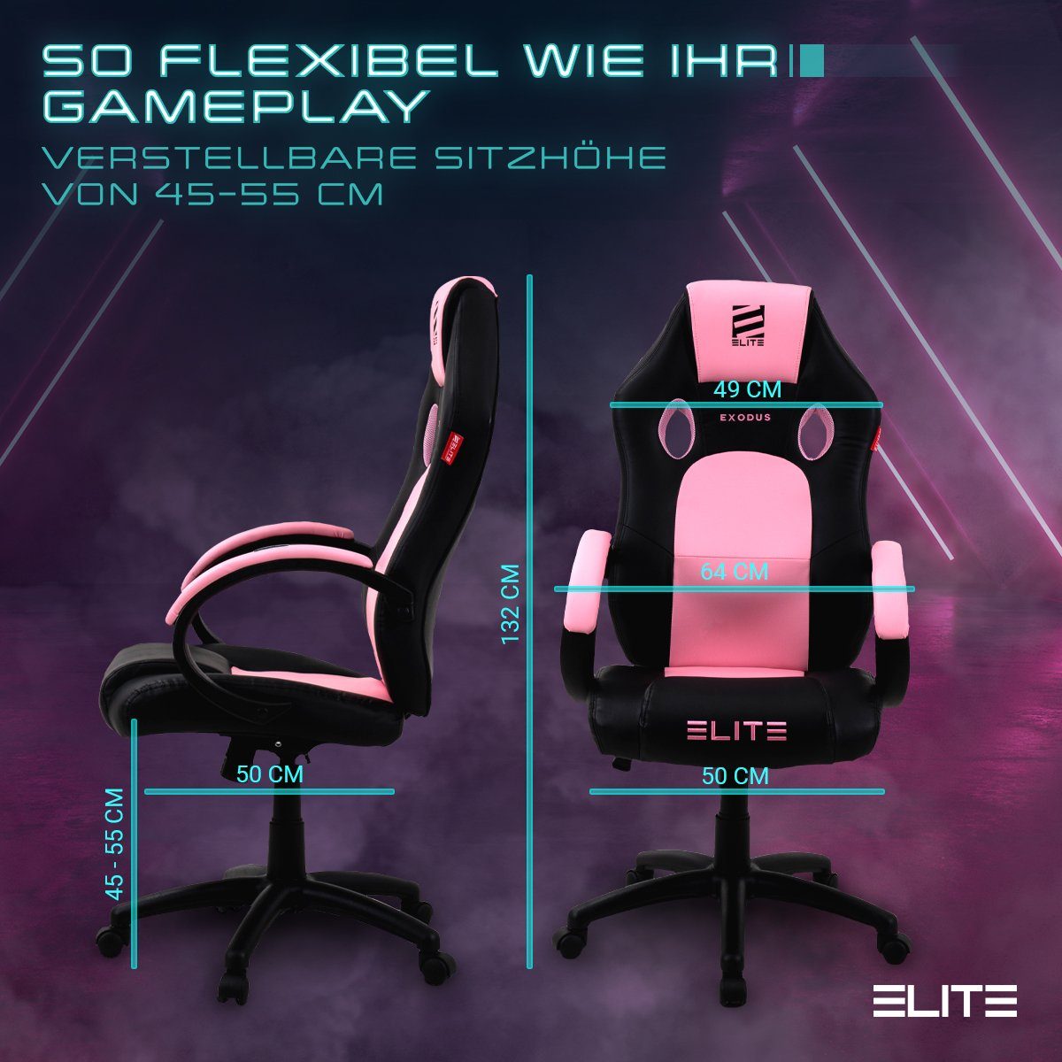 ELITE Gaming Gaming-Stuhl Ergonomischer Gamingstuhl Exodus Bürostuhl inkl. XXL Sitzfläche (Drehstuhl mit verriegelbare Wippmechanik, Armpolster, verstellbare Sitzhöhe, Sicherheits-Doppelrollen, 5-Stern Fußkreuz, 360 Grad horizontal drehbar, PVC Memor