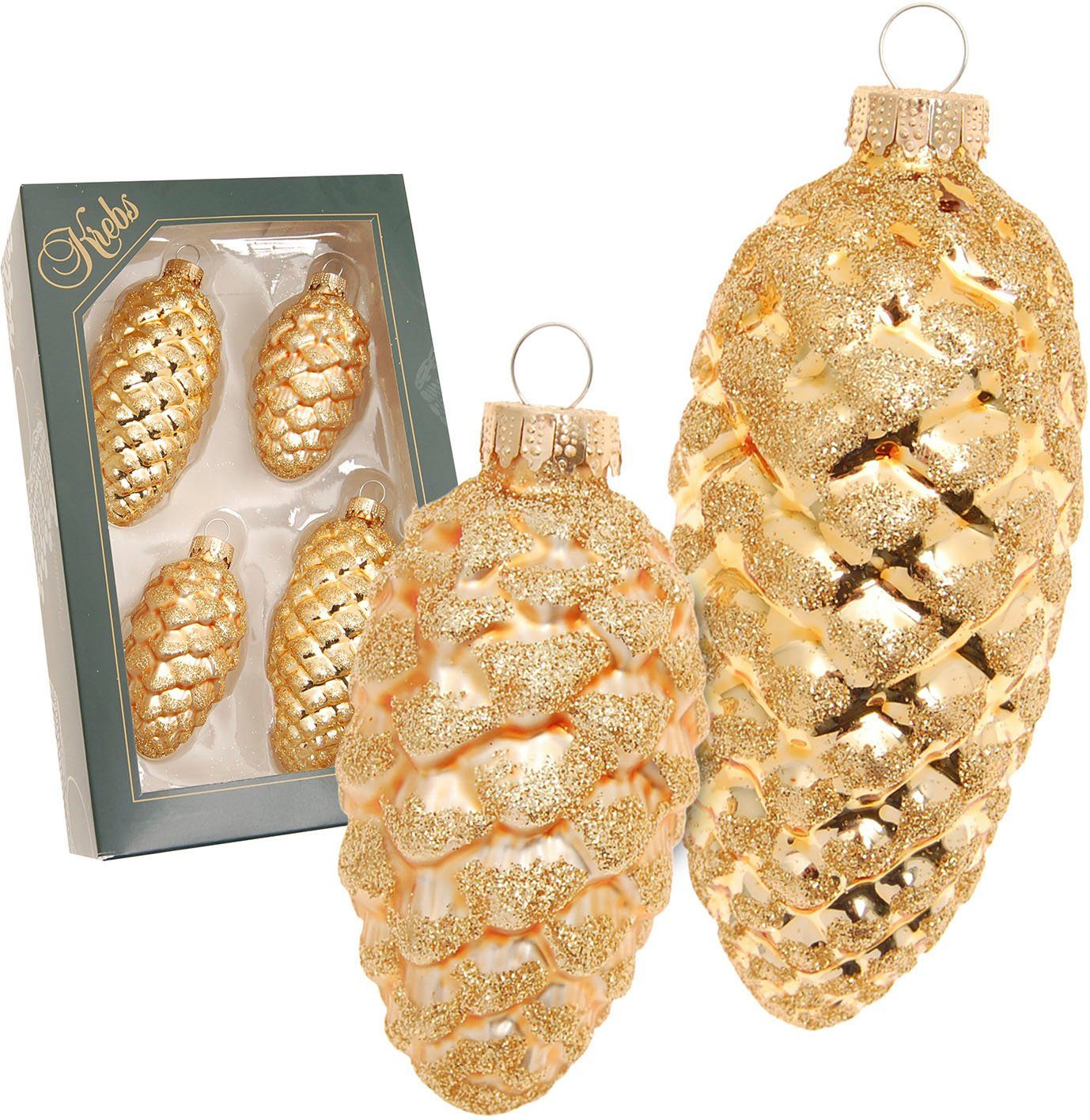 Krebs Glas Lauscha Christbaumschmuck Glas-Tannenzapfen, mit Glitter, 2x klein Ø 8 cm + 2x groß Ø 10 cm (4-tlg), Weihnachtsdeko, Weihnachtsbaumkugel, Christbaumkugeln aus Glas