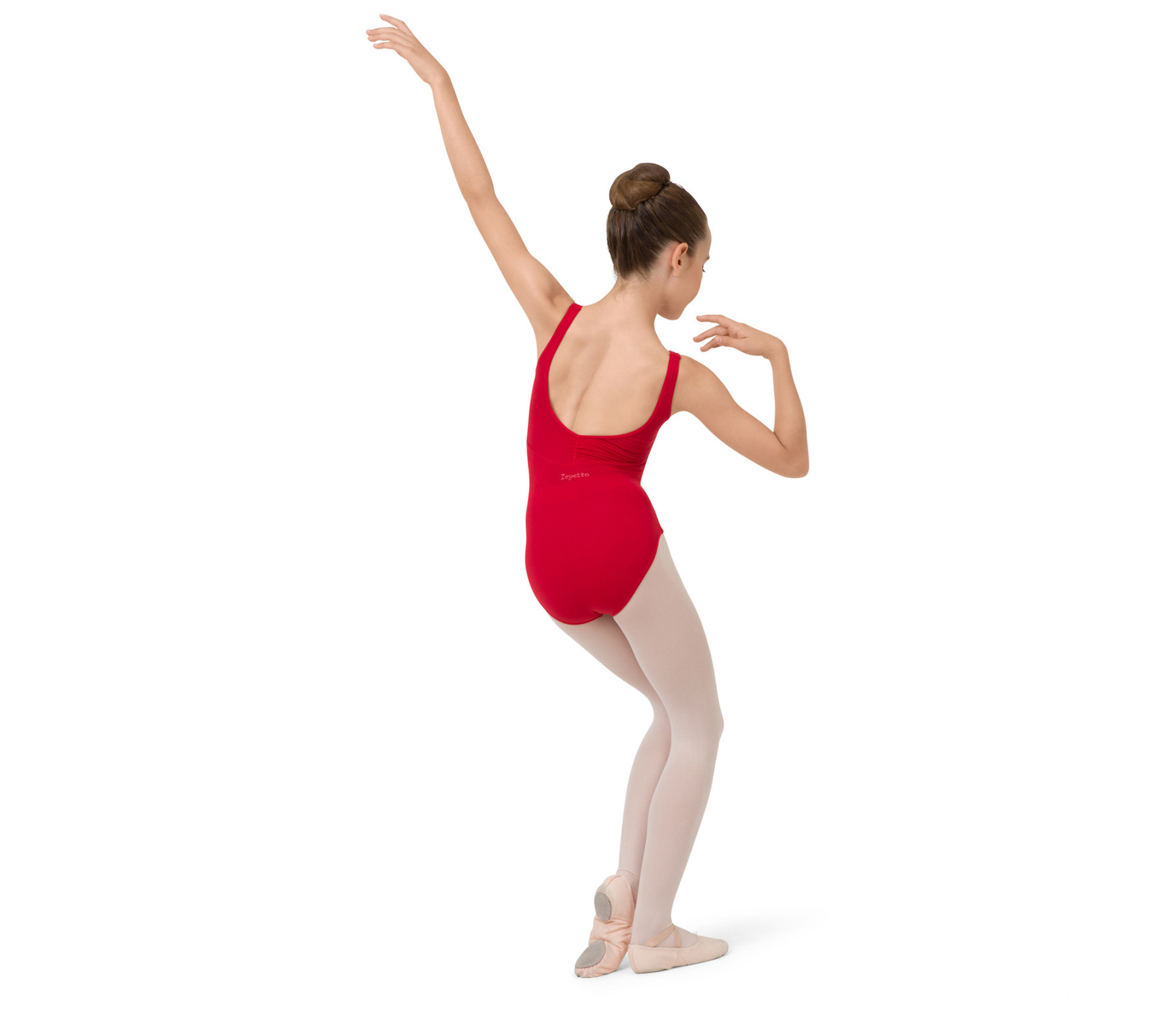 Gathered front and back leotard neckline