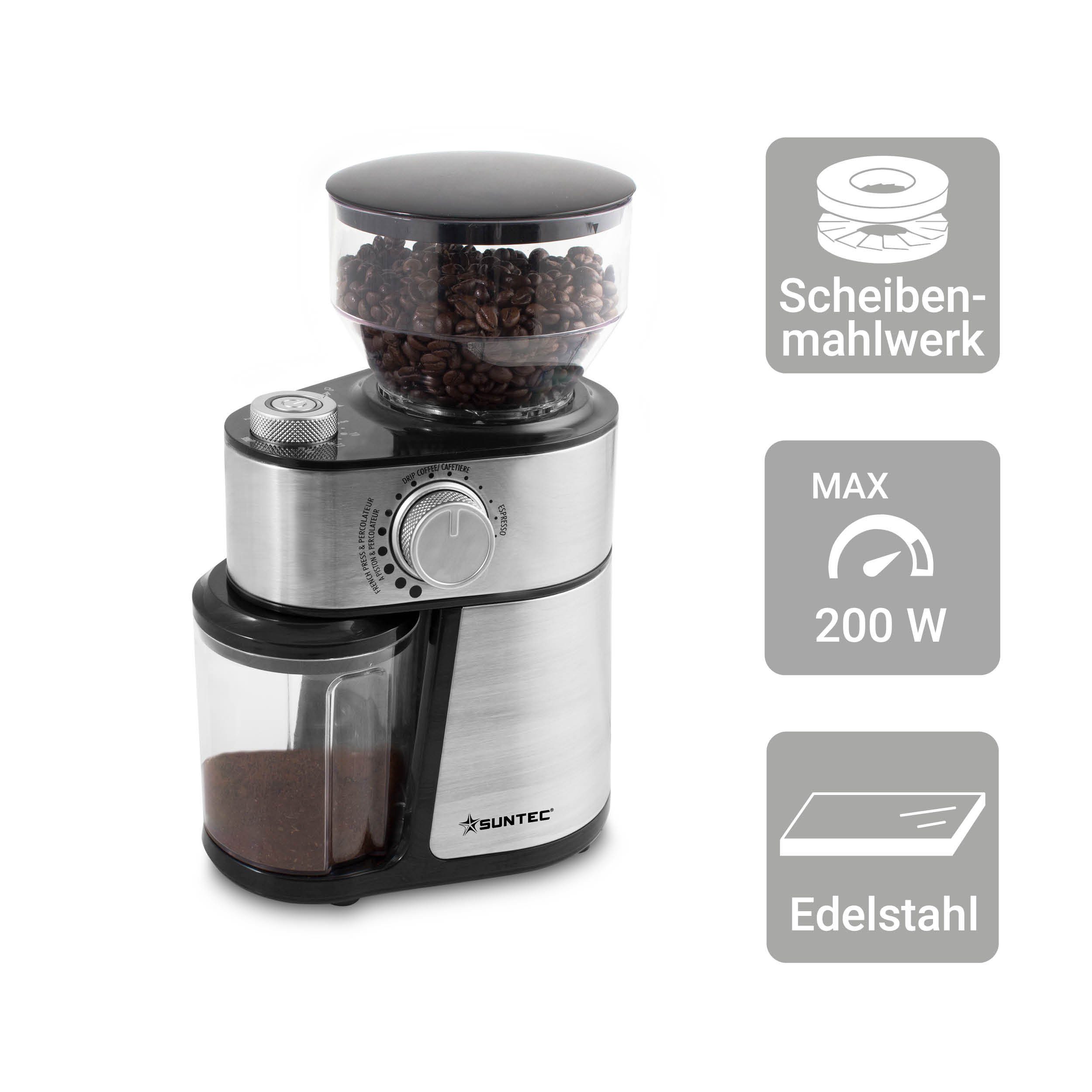 Suntec Wellness Kaffeemühle KML-8450 design pro, 200,00 W, Scheibenmahlwerk, 200,00 g Bohnenbehälter, Stahlmahlwerk für ganze Kaffeebohnen, 96 g Auffangbehälter, 18 Stufen