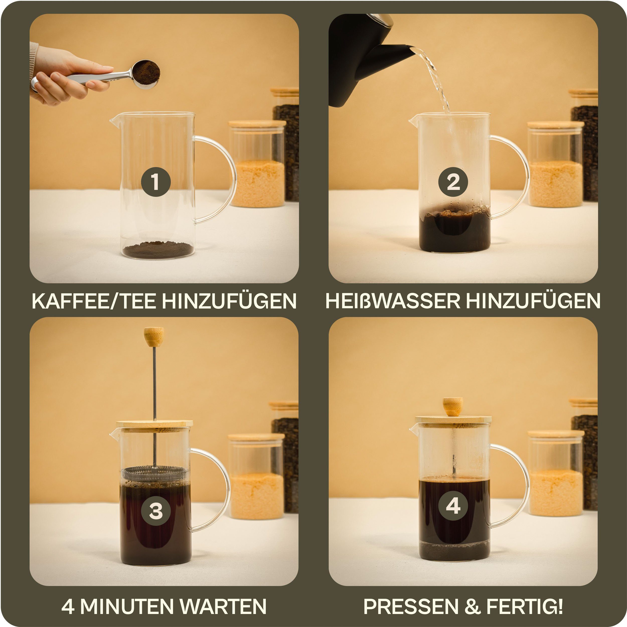 Cosumy French Press Kanne French Press aus Glas 1L, 1l Kaffeekanne, Kaffeebereiter für 2 Tassen Kaffee - Mit Dosierlöffel und Reinigungspinsel