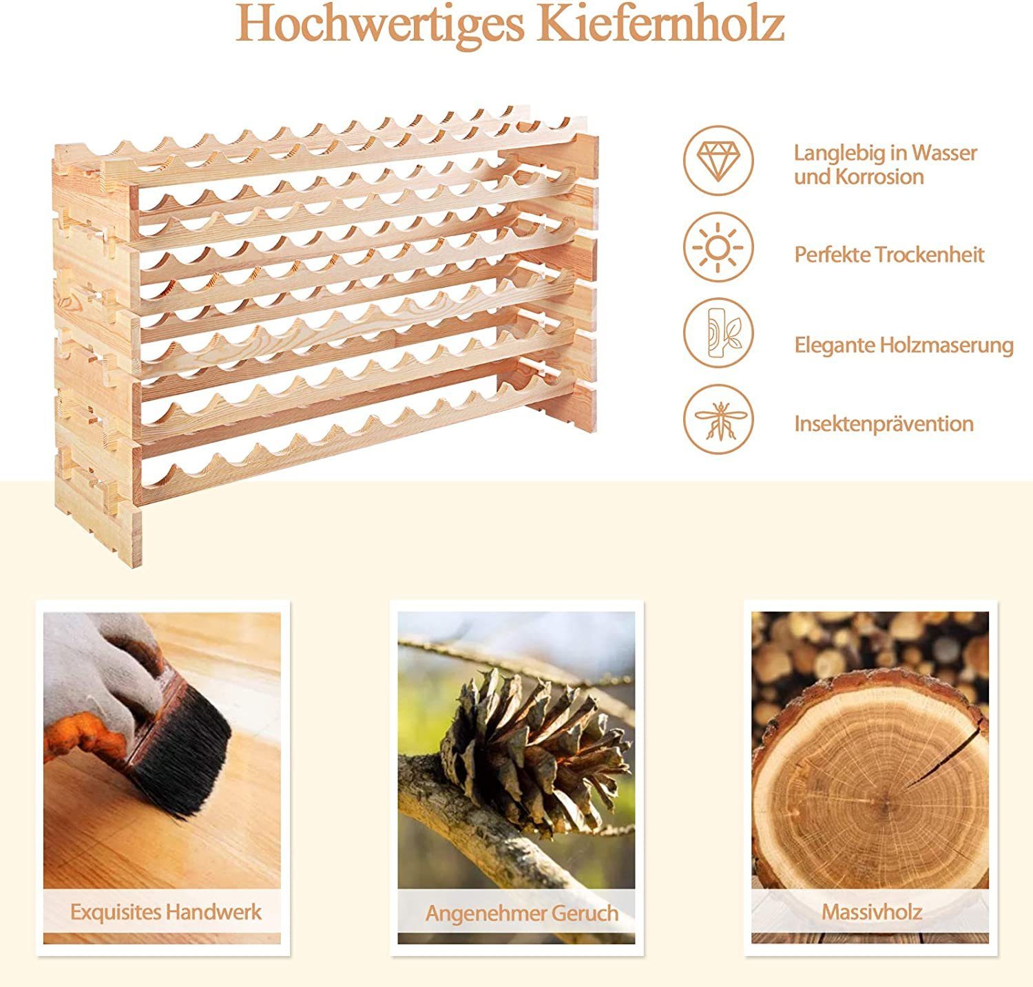 COSTWAY Weinregal 6 Ebenen, aus Holz, für 72 Flaschen, 119 x 29 x 72cm
