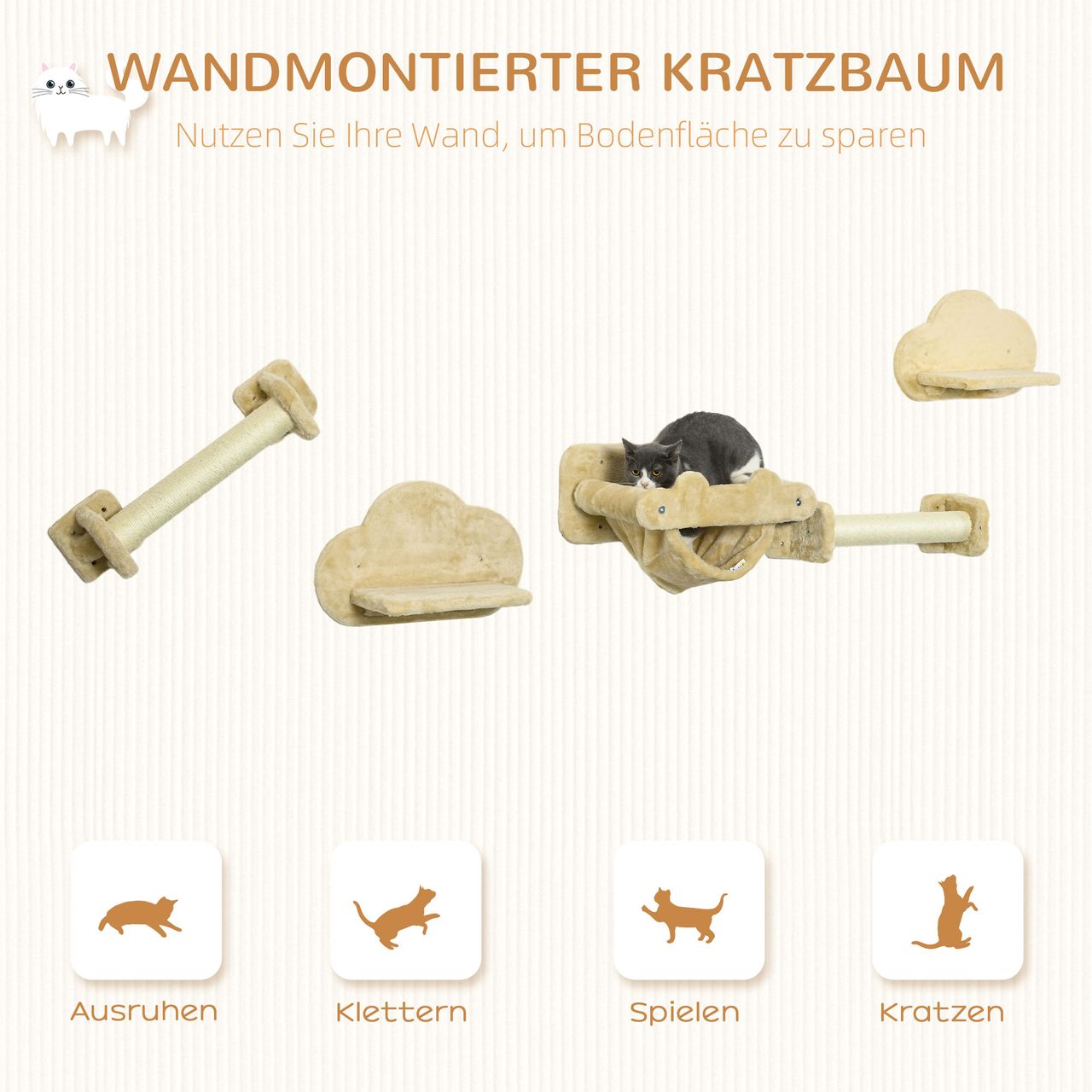 PawHut Katzentreppen-Set 2 Kratzstämme 2 Plattformen mit Plüsch Hängematte Beige