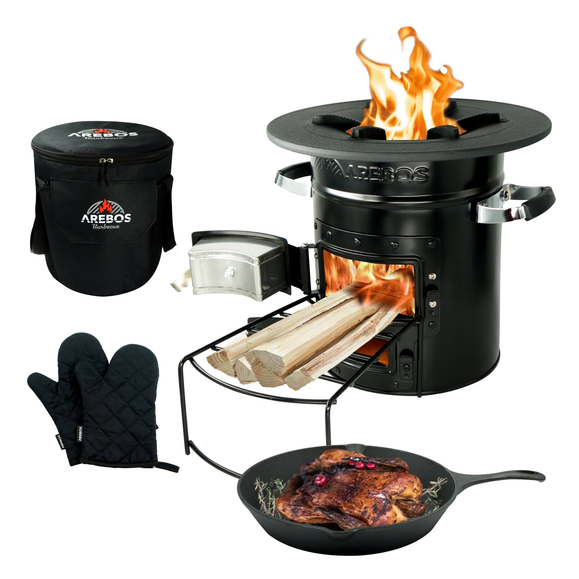 Arebos Feuerstelle Raketenofen inkl. Grillpfanne Dutch Oven BBQ, (Stück, Set)