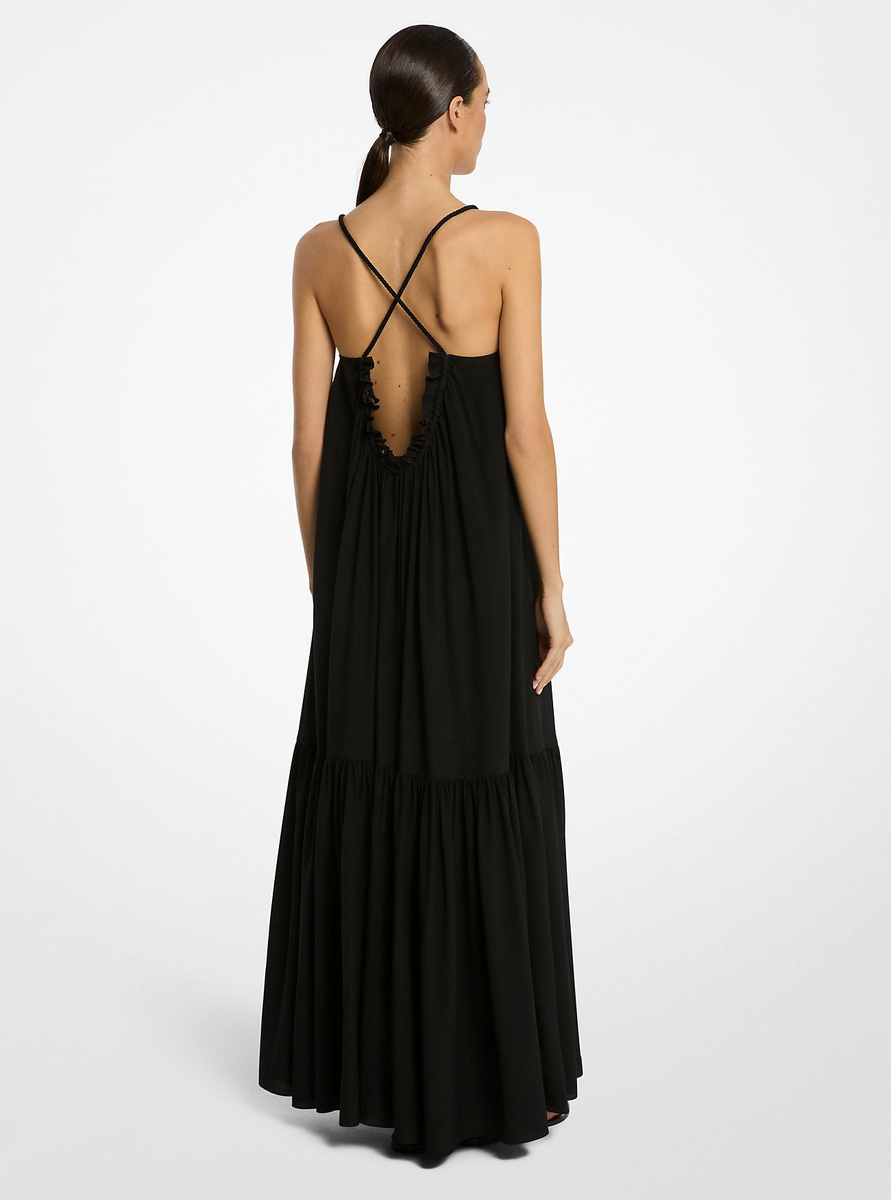Silk Crepe De Chine Draped Backless Dress - BLACK