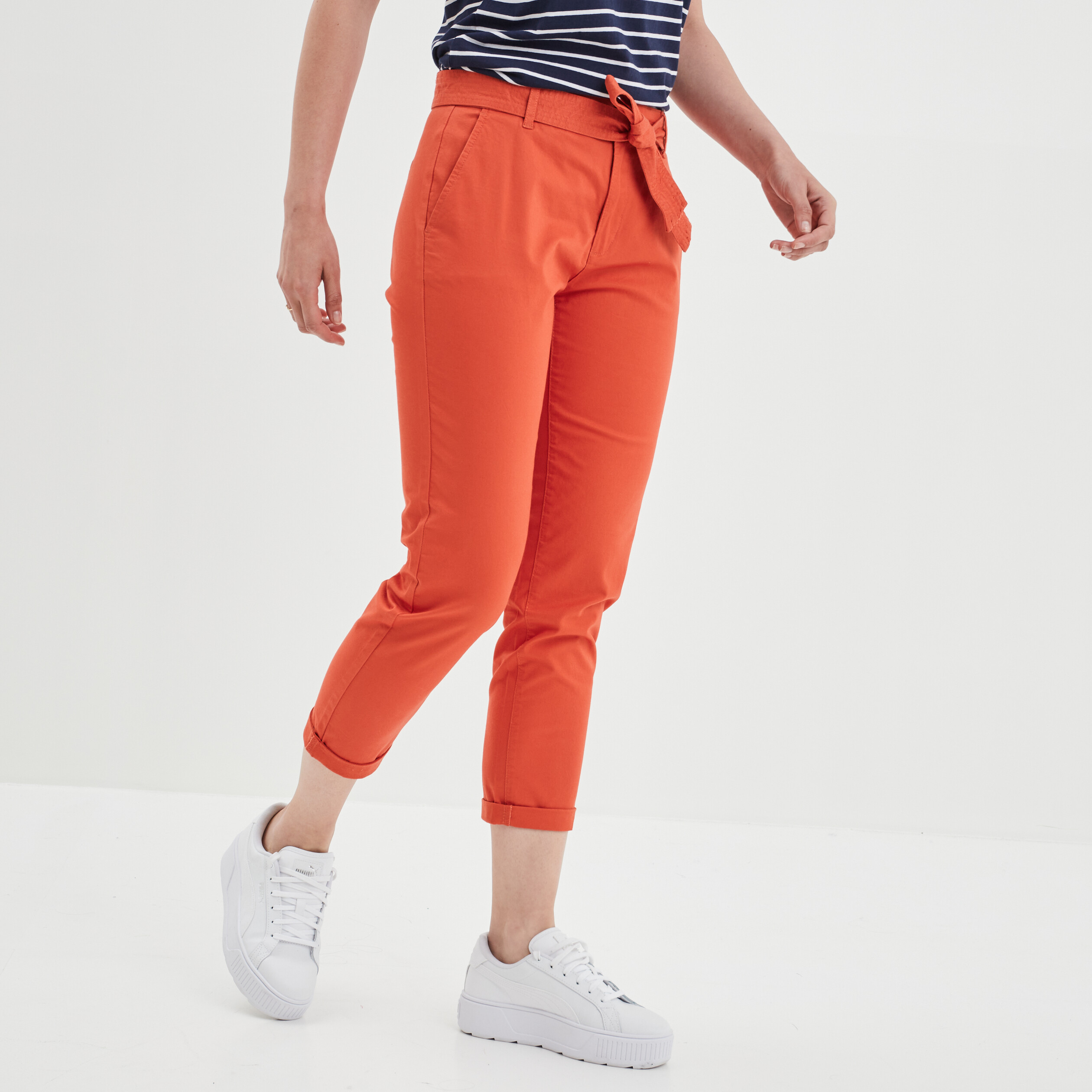 Pantalon chino ceinturé 7 8ème orange foncé femme | La Halle