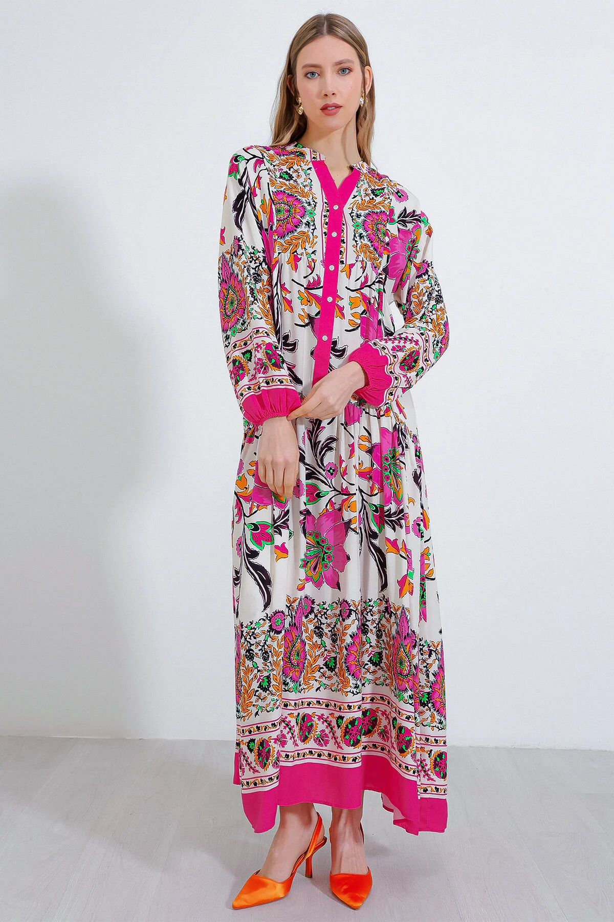 Bigdart  Damen-Hijab-Kleid aus gemusterter Viskose in Fuchsia-Creme 2423