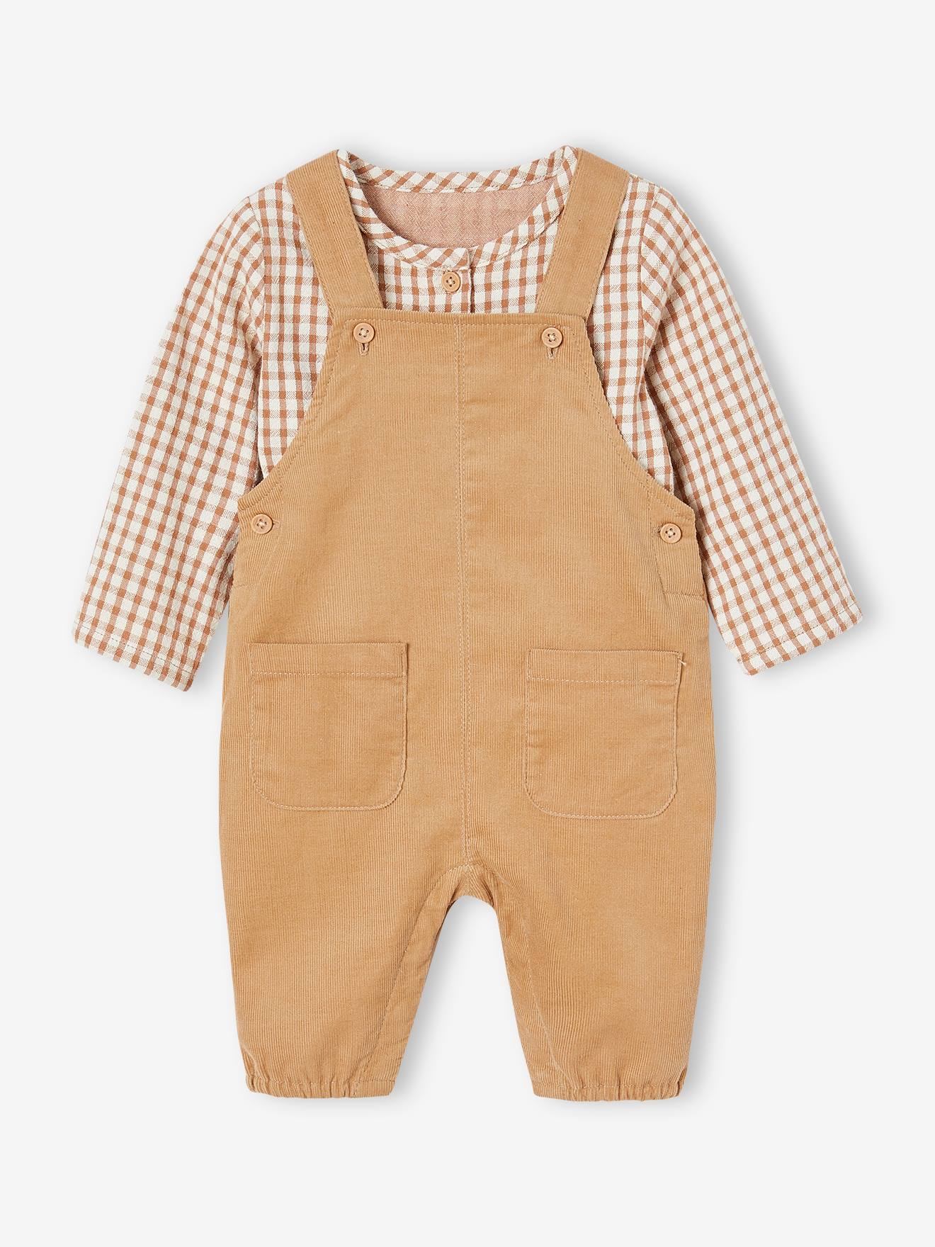 Ensemble bébé salopette en velours et chemise à carreaux taupe