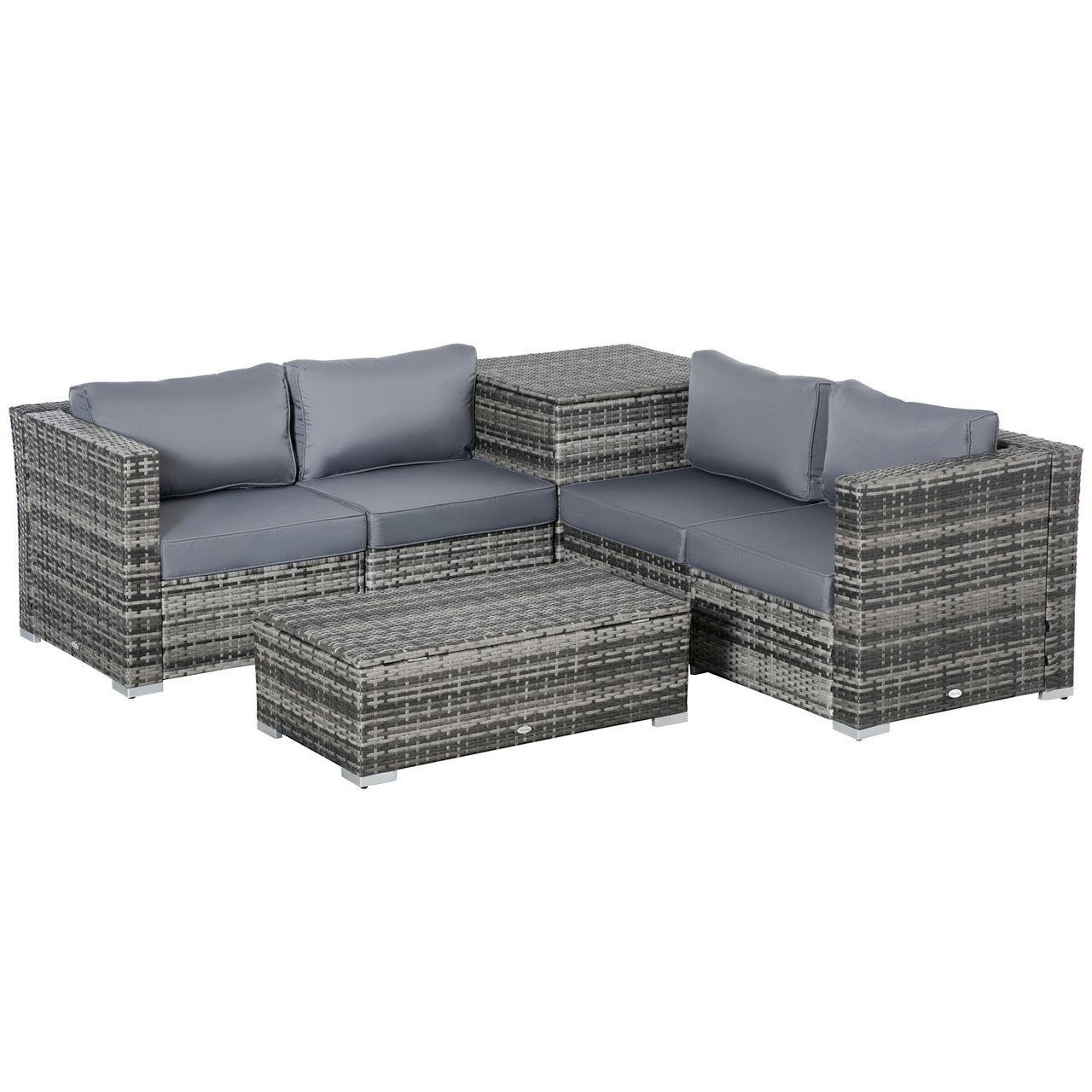 Outsunny 6 tlg. Polyrattan Gartenmöbel Set Sitzgarnitur mit Kissen Sitzgruppe Gartenset Sofagarnitur Lounge Tisch mit Stauraum Stahl Luxus Grau