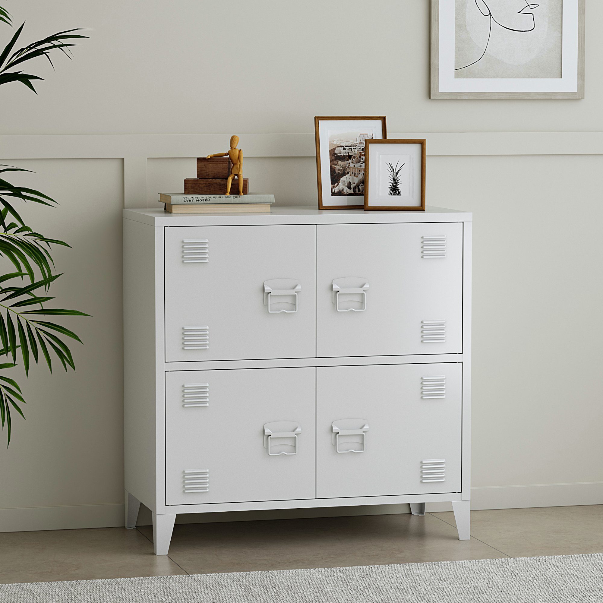 en.casa Mehrzweckschrank Hamina Büroschrank mit 4 Türen 80x40x82 cm Weiß