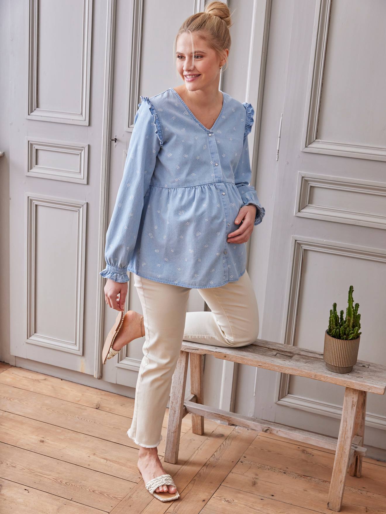 Blouse effet denim grossesse et allaitement imprimé fleurs double stone