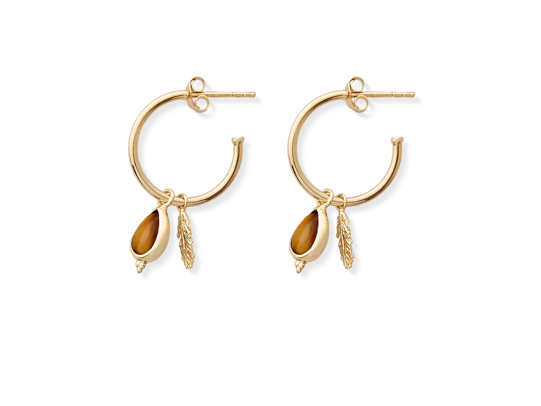 Boucles d'oreilles créoles avec pendentif œil de tigre plaqué or