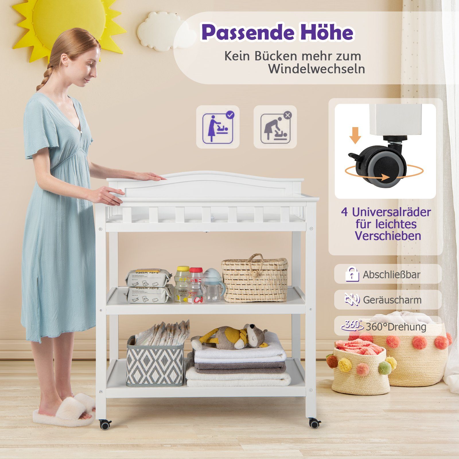COSTWAY Wickeltisch Wickelkommode, mit Wickelauflage & Sicherheitsgurt & Rollen