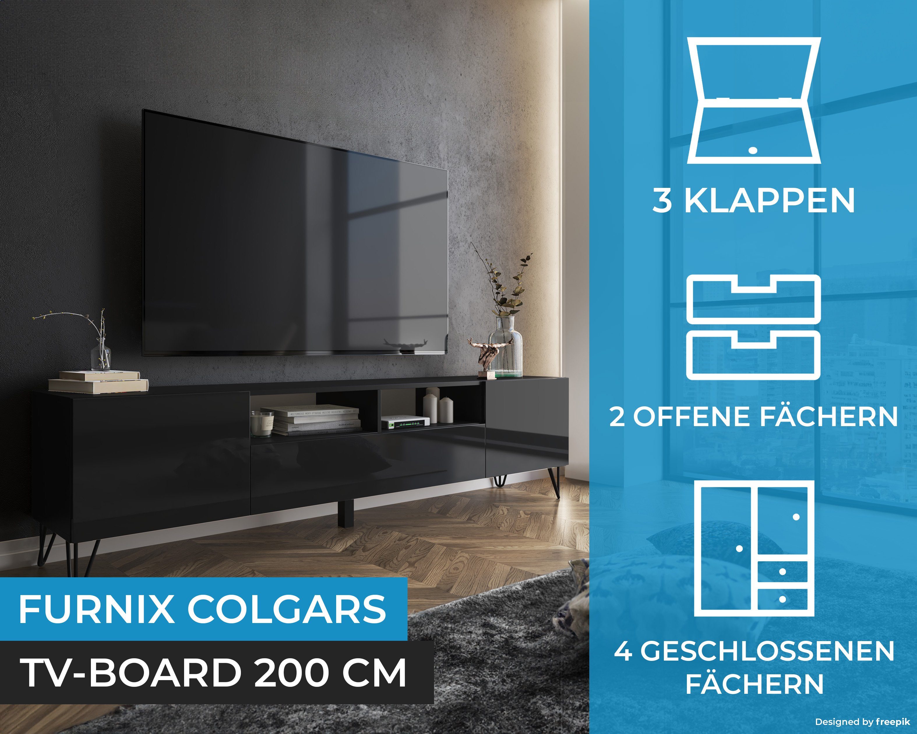 Furnix TV-Board COLGARS M11 TV-Schrank HAIRPIN Lowboard mit Metallfüßen, B200 x H51 x T37 cm