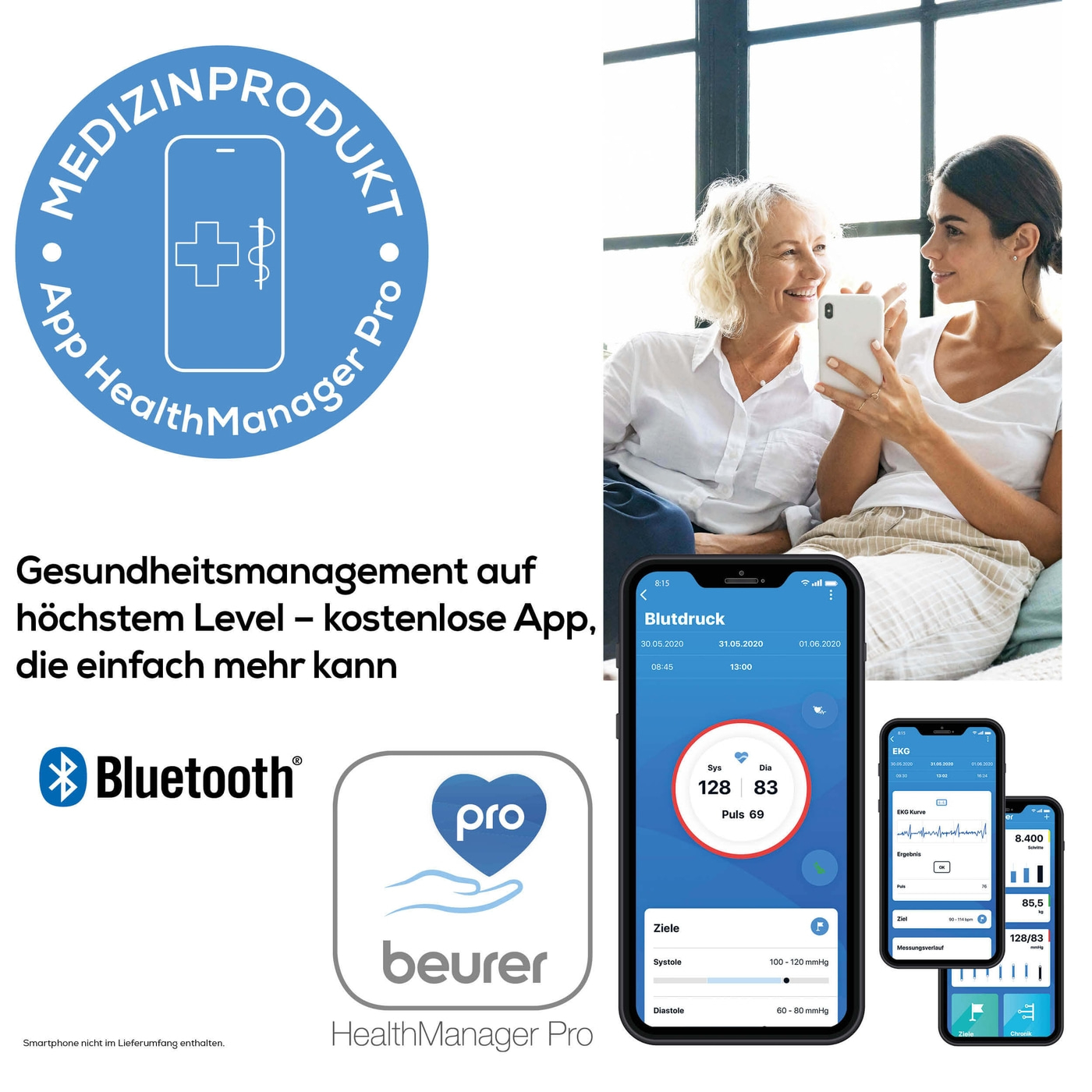 Beurer Blutdruckmessgerät mit EKG-Funktion BM 96 Cardio-Bluetooth® Oberarm-Blutdruckmessgerät mit EKG-Stick & Cardio-App-Anbindung