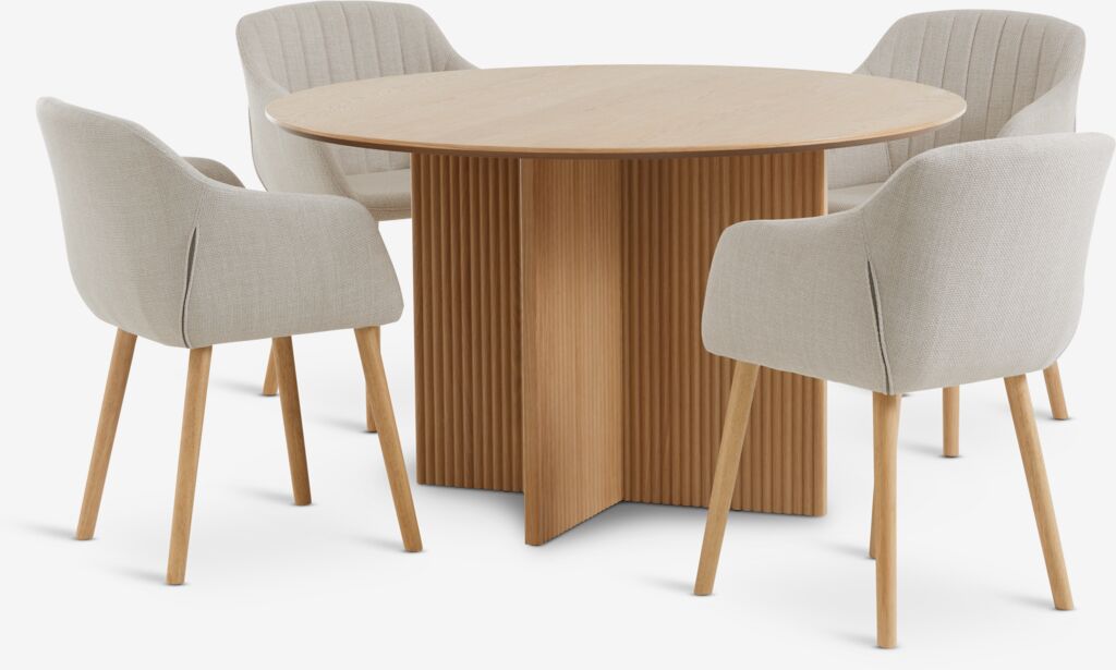 VESTERBORG ADSLEV VESTERBORG Ø130 eikebord 4 ADSLEV stol beige