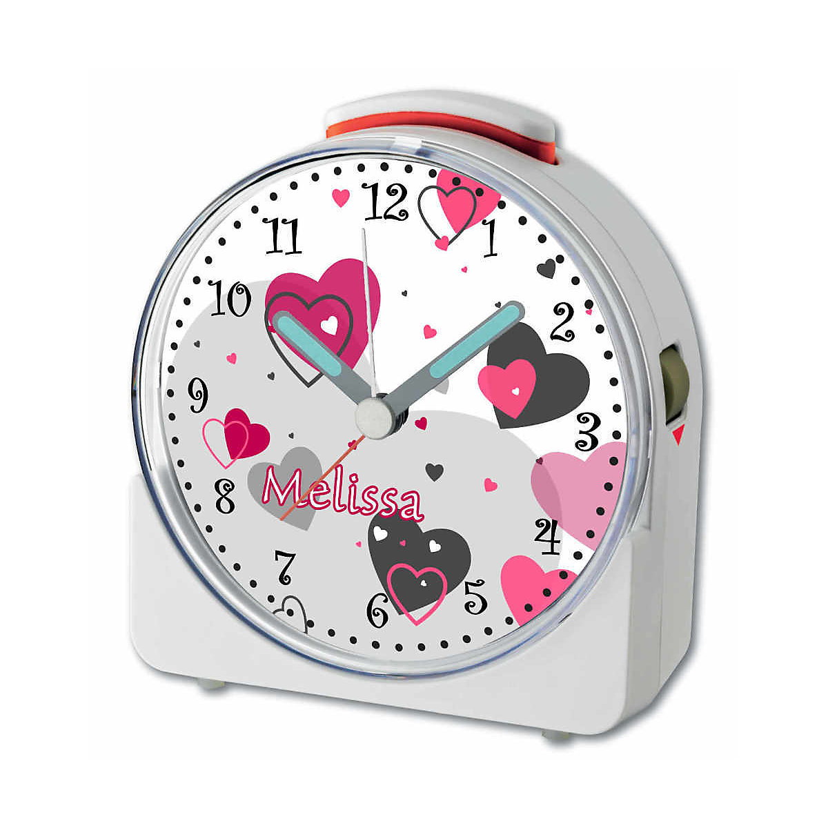 Kinder Funkwecker weiß personalisiert mit Namen Herz Rosa Grau 12-Stunden-Anzeigeformat, Geräuschlos/Ohne Ticken, Nachtlicht