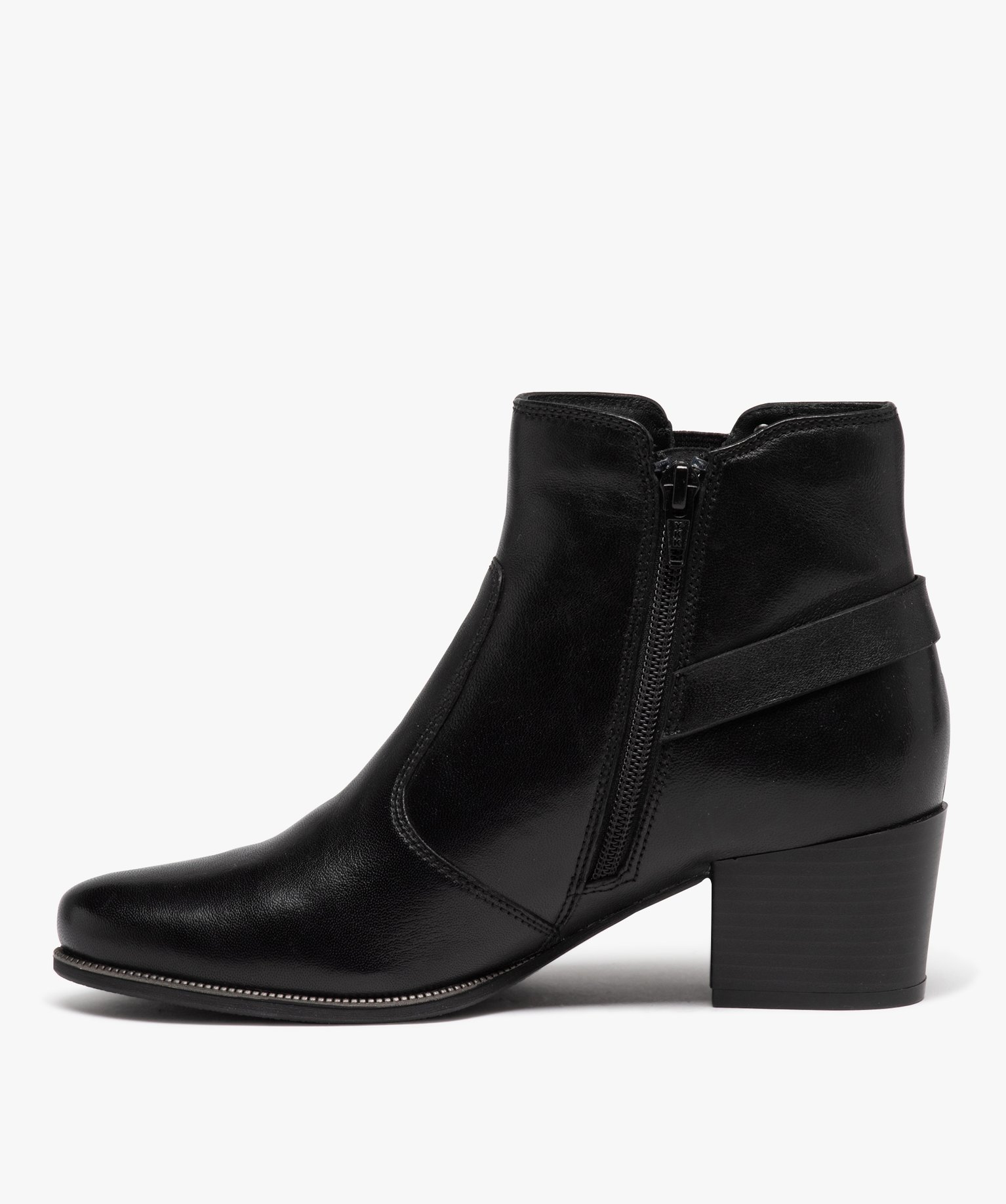 Boots femme dessus en cuir uni à talon carré avec zip noir | GEMO