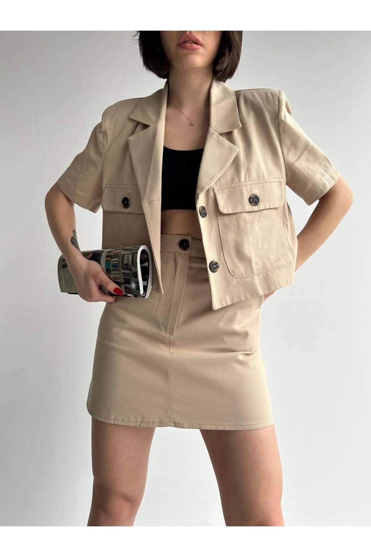 Laluvia  Nerzfarbenes Doppel-Set aus Gabardine-Rock und Jacke aus 100 % Baumwolle