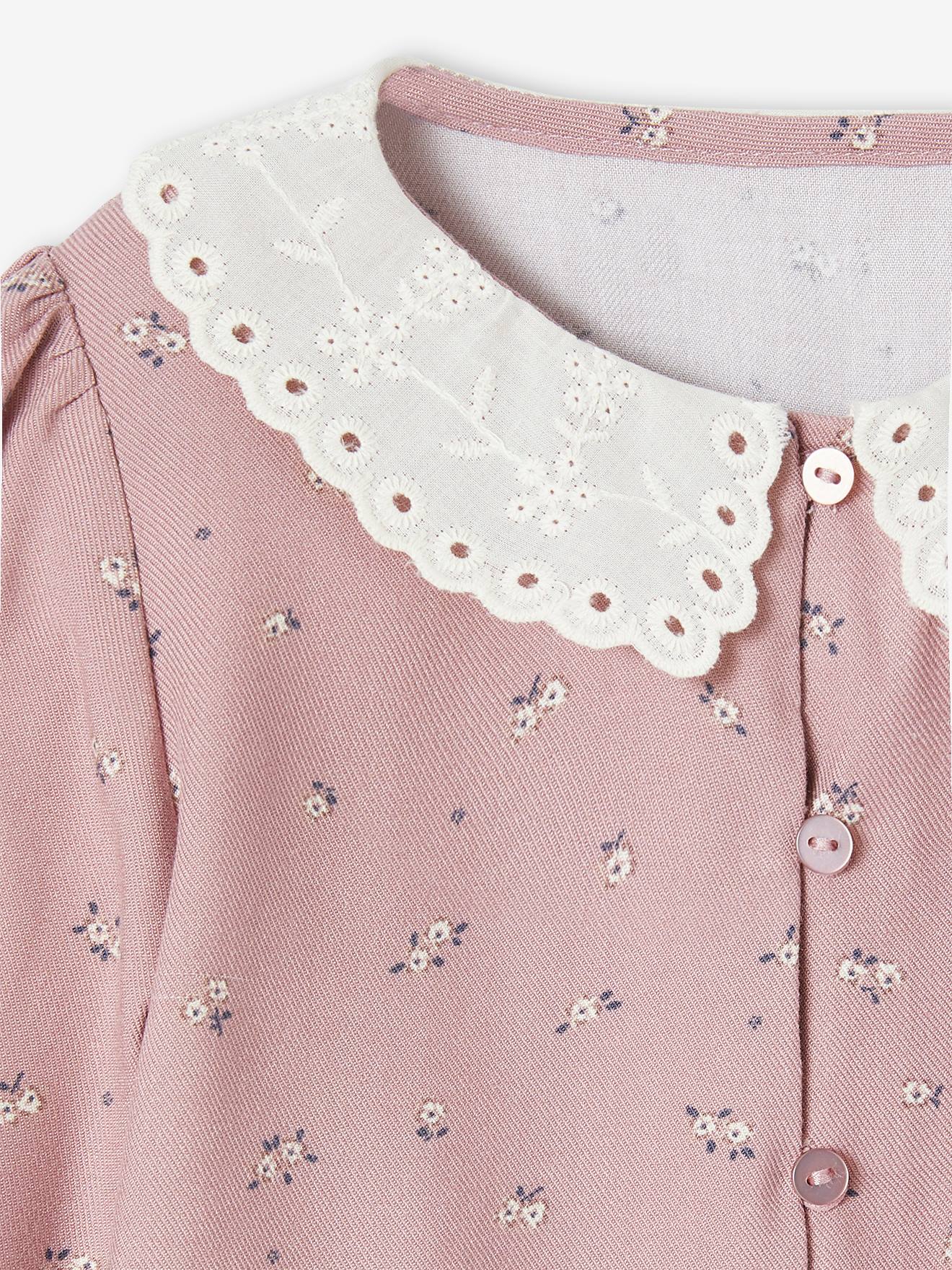 Blouse impriméé bébé col brodé vieux rose
