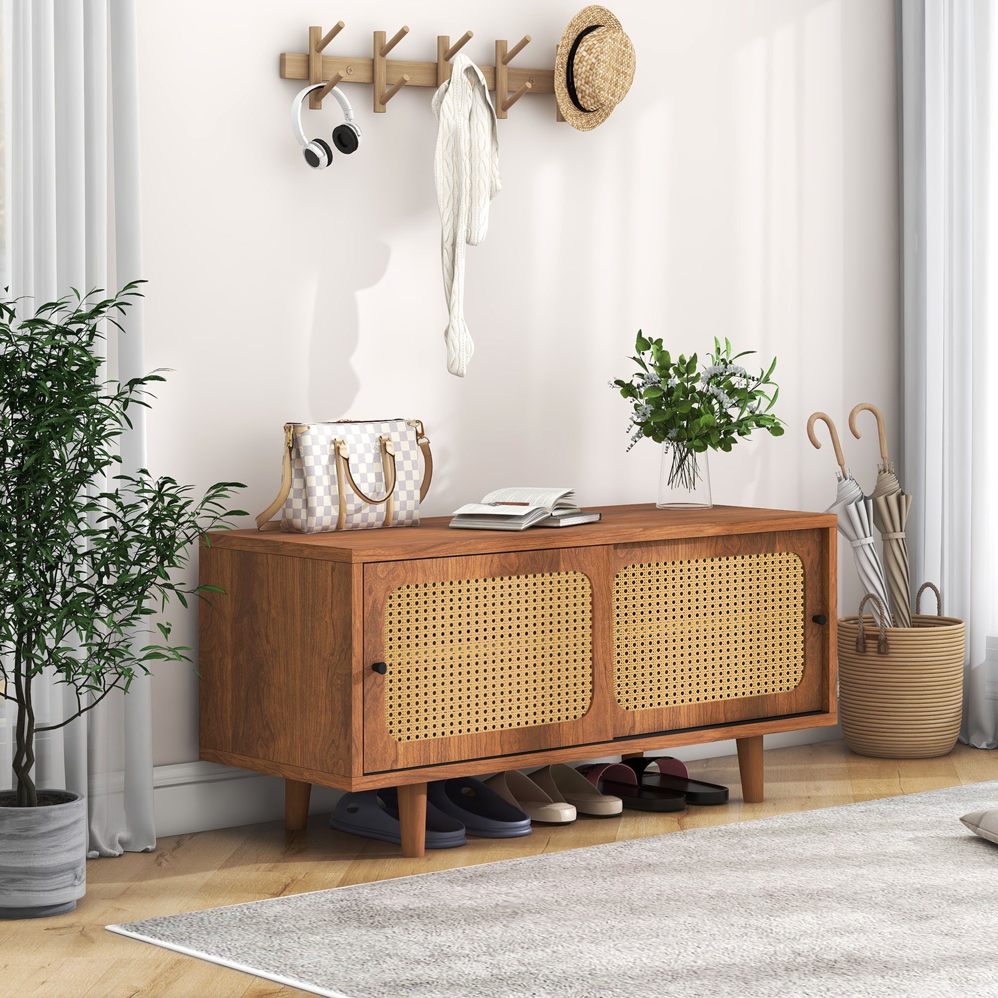 HAUSS SPLOE Schuhschrank Schuhschrank Rattan Schuhschrank mit 2 Türen (mit 2 Türen mit verstellbare Ablage Walnussfarbe formschöner Schuhschrank, Für Flur, Wohn- und Schlafzimmer) 104x40x48 cm
