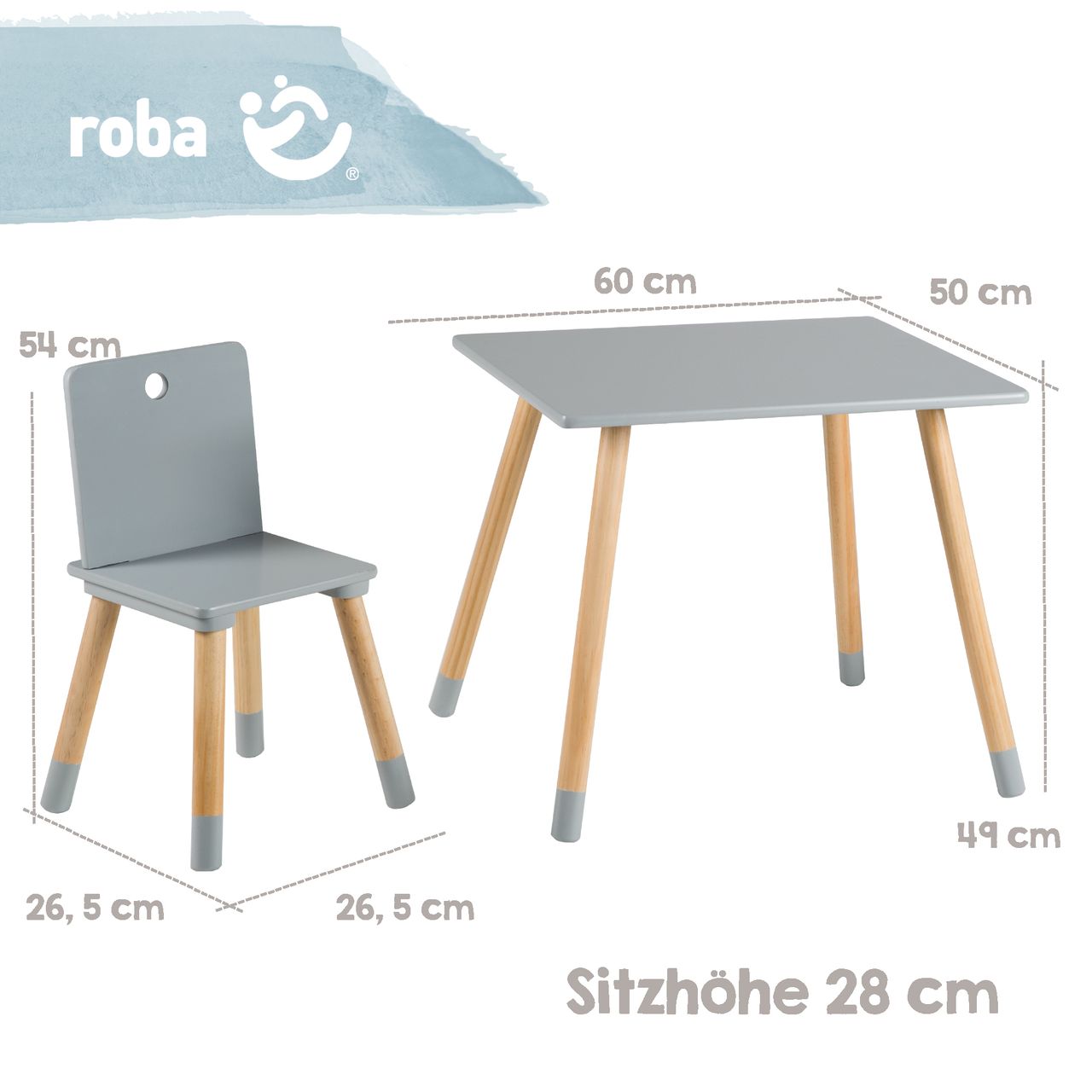 Roba Kindersitzgruppe, Kindermöbel Set, 2 Kinderstühle & 1 Tisch, Sitzgarnitur Holz, grau lackiert