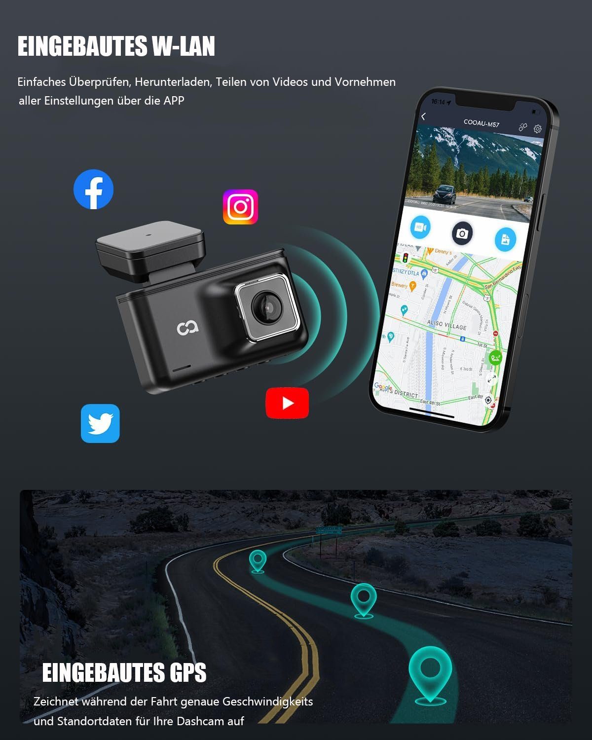 COOAU Dashcam Auto Vorne Hinten 2,5K Mit GPS WiFi Dash Cam Auto Dashboard Dashcam (2,5K & 1080P DUAL-KANAL, Mit GPS WiFi Dash Cam Auto Dashboard Recorder, mit 3