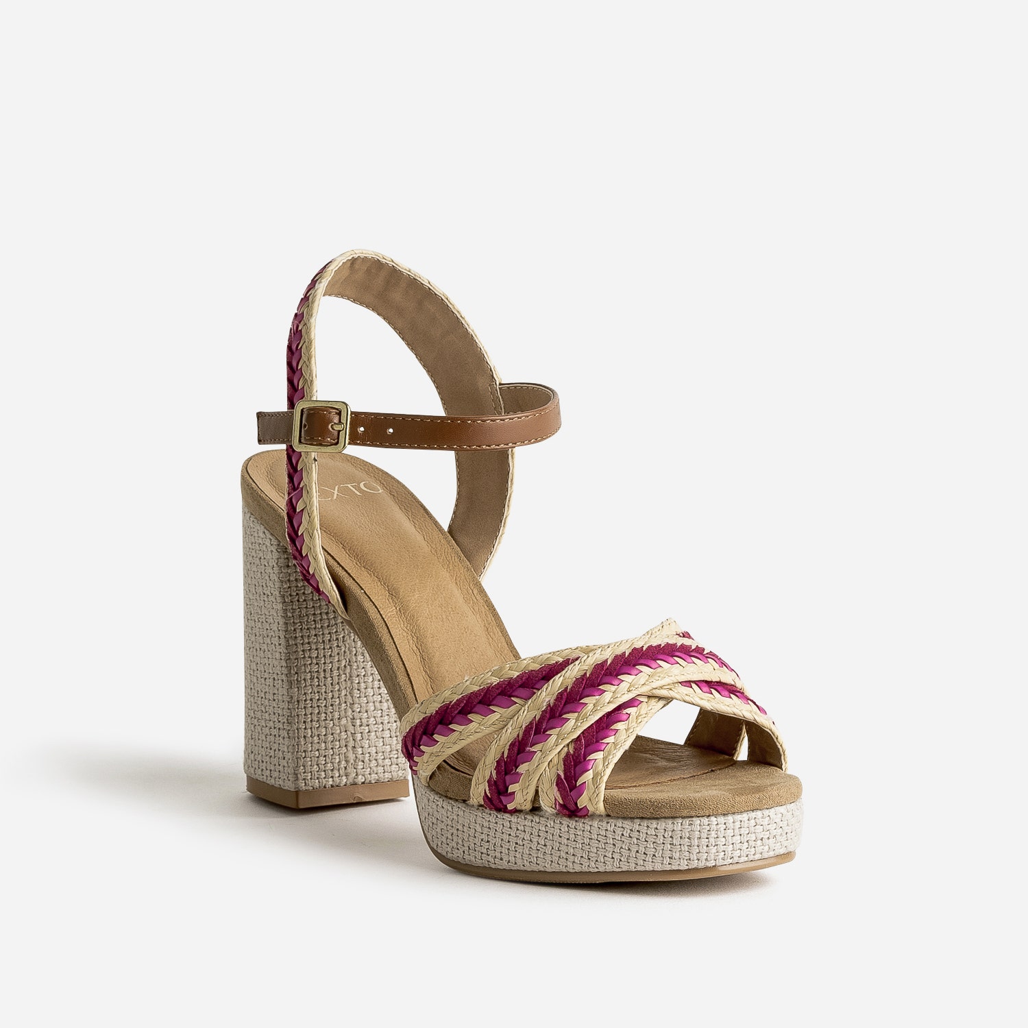 Sandale plateforme TEXTO beige tressée rouge et rose