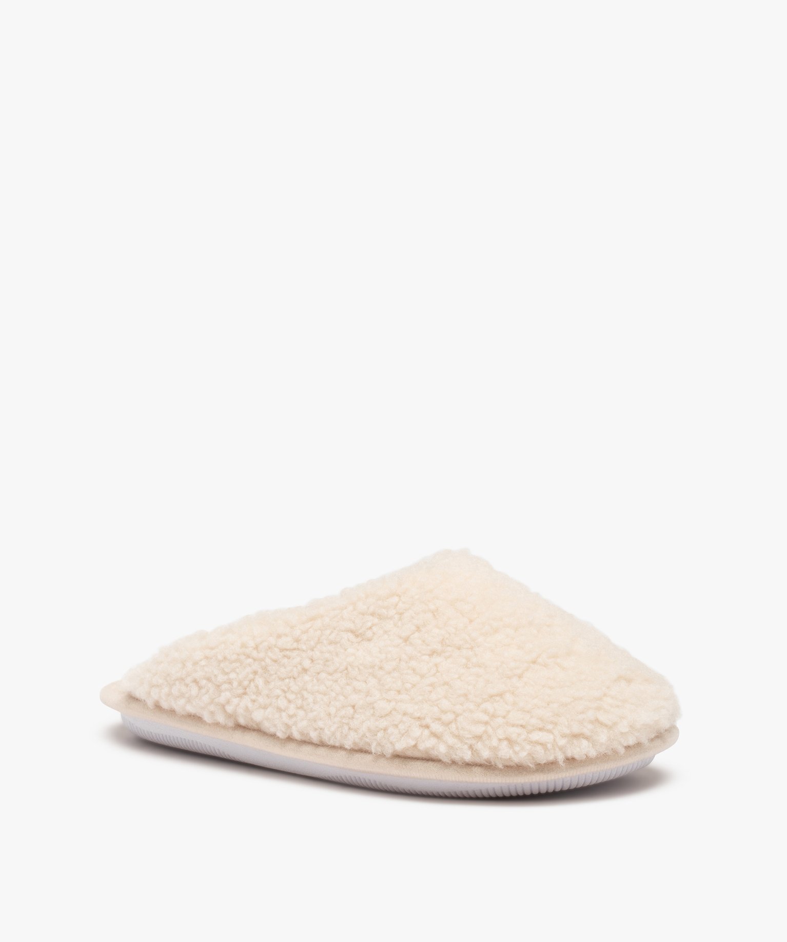 Chaussons femme mules plates unies en textile sherpa beige | GEMO