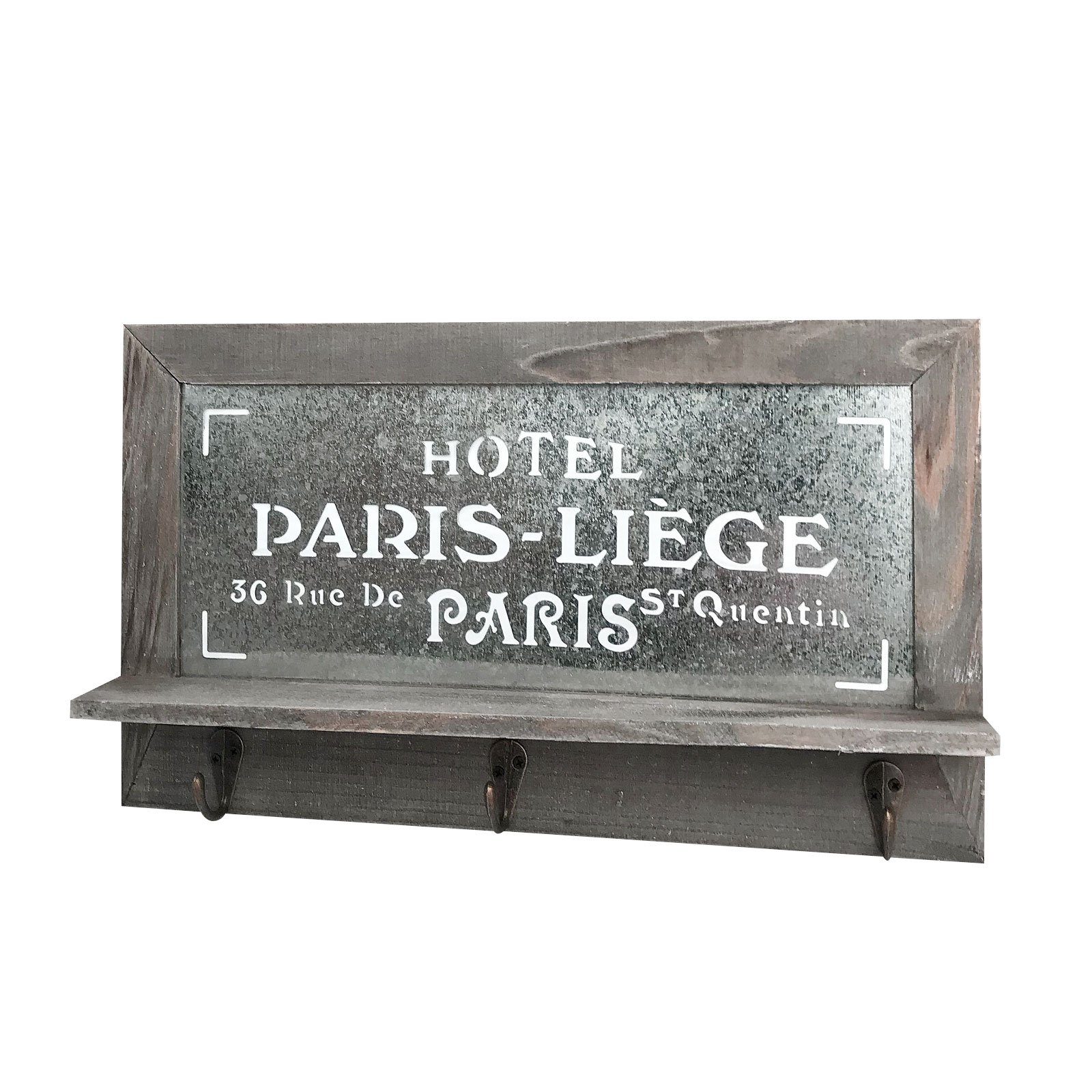 Wellgro Schlüsselbrett Nostalgisches Holz Schlüsselbrett PARIS - Garderobe mit 3 Haken - Brett mit Ablage - Schlüsselablage bzw. Handy-Ablage - Hakenleiste