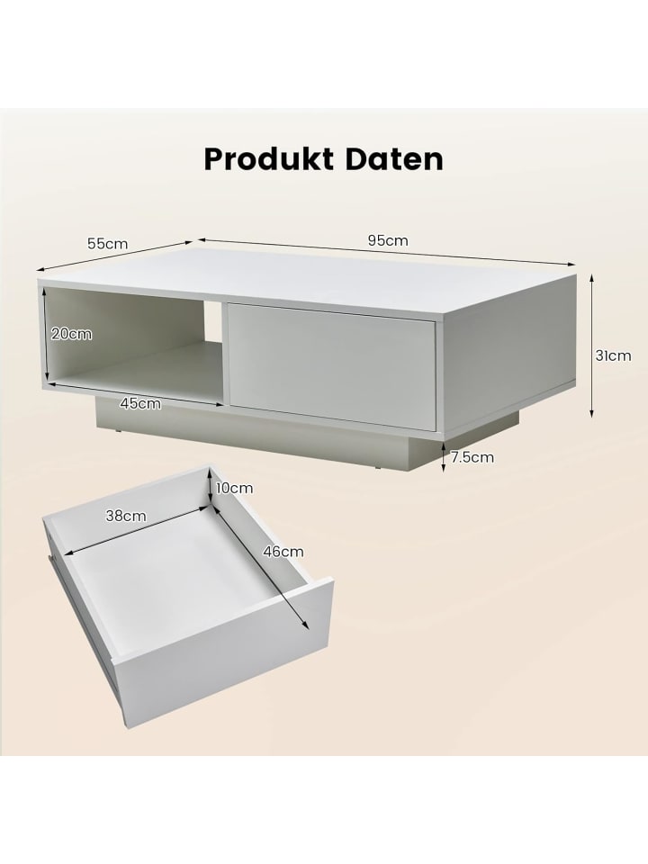 COSTWAY Couchtisch mit LED 95cm in Weiß günstig kaufen onesize
