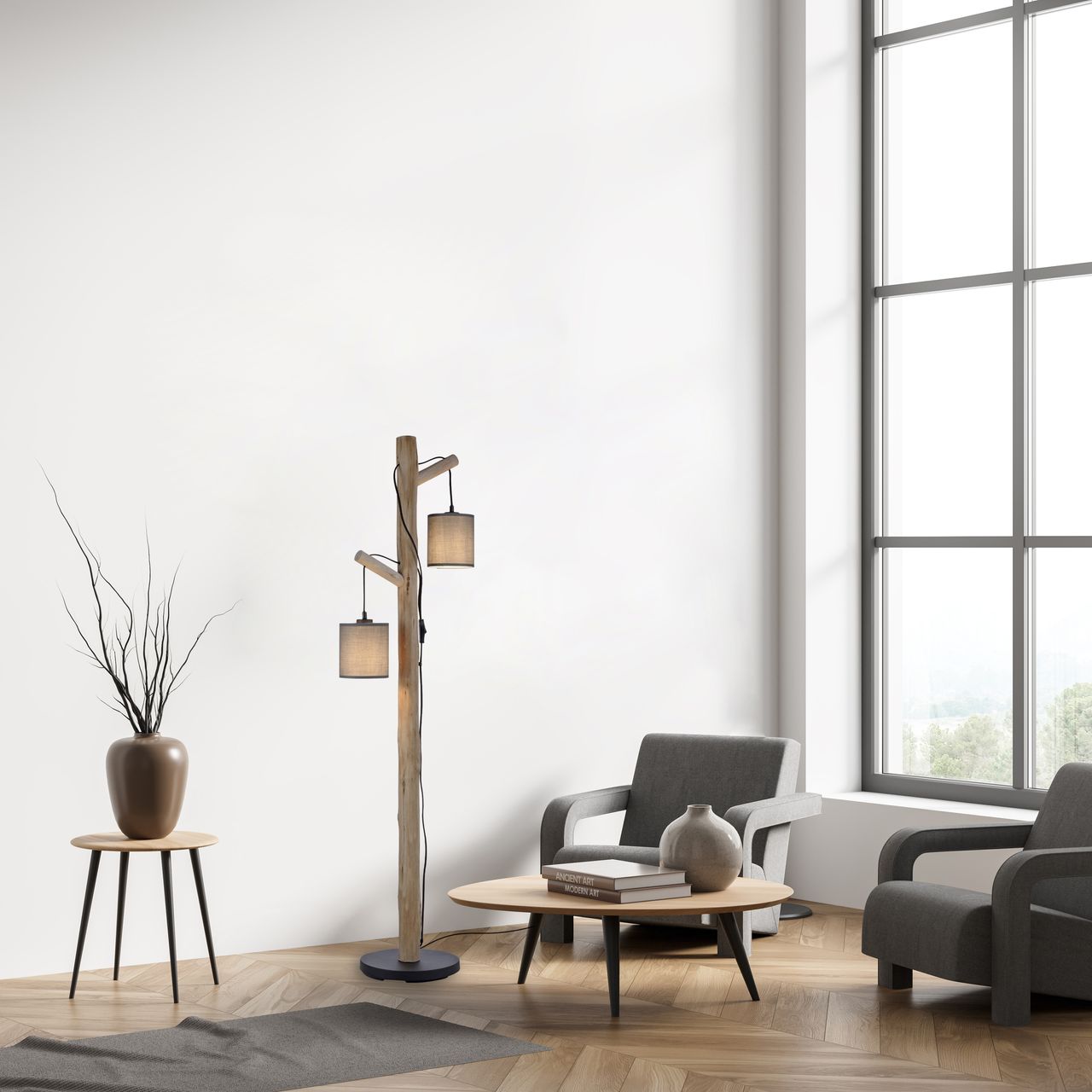 JUST LIGHT Stehleuchte GREEN TRIBU, 2x E27/10,00Watt max., Eukalyptusholz, Taupe