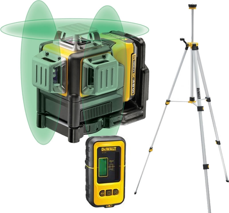 DeWalt DCE089D1GTRID Nivelă laser cu linie în cruce cu autonivelare, fascicul verde, 10.8V 2.0Ah XR Li-Ion + Trepied DE0881T + Receptor DE0892G