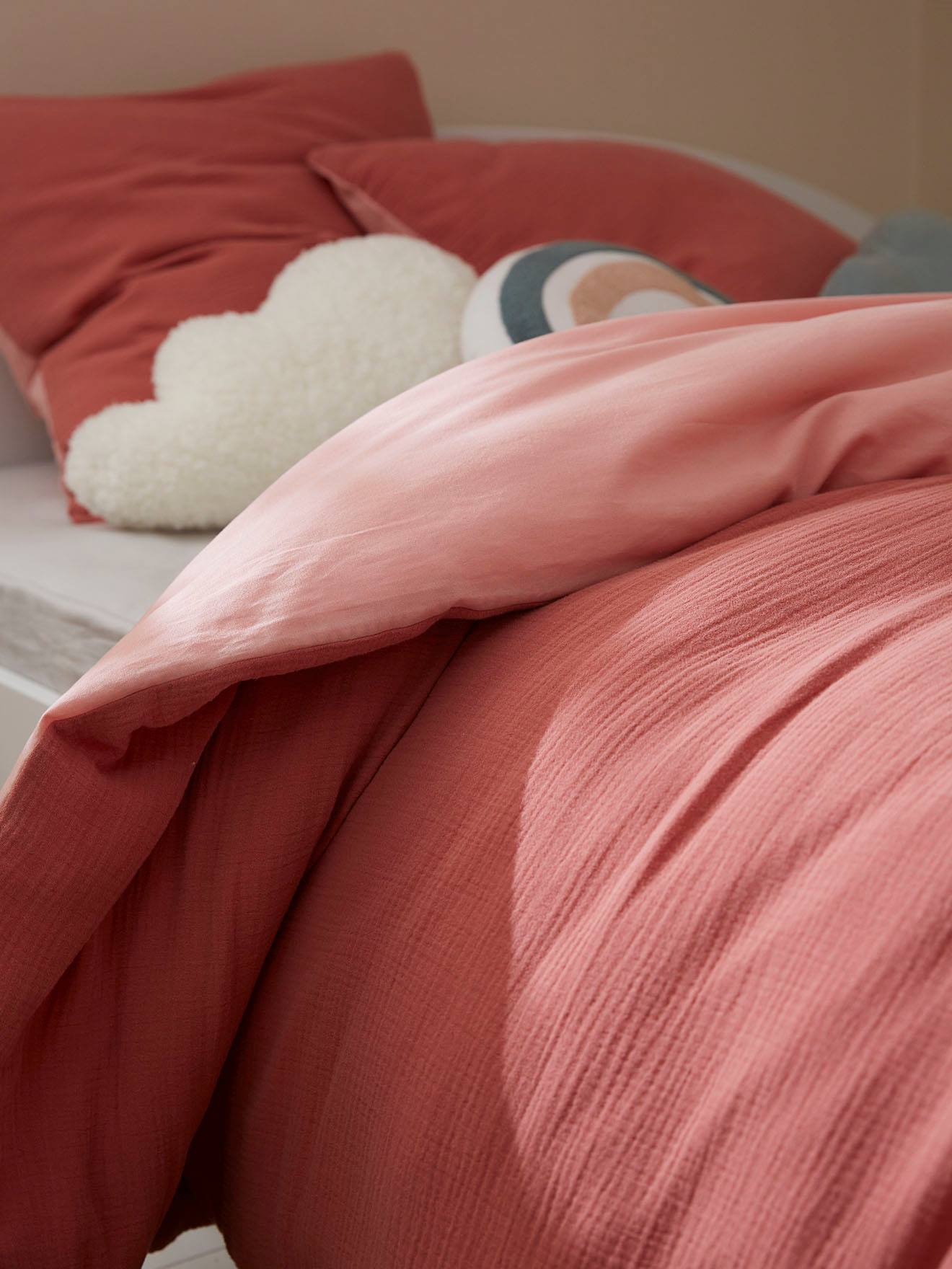 Parure enfant bicolore housse de couette + taie d'oreiller en gaze de coton rose