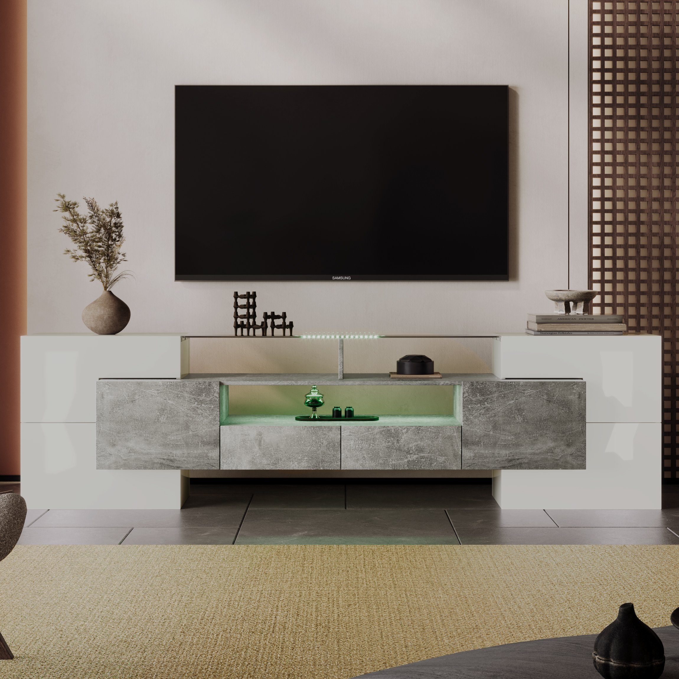 OKWISH TV-Schrank Lowboard TV Schrank (1-St., Weiß+Grau, 200 cm) LED-Beleuchtung, Wohnzimmermöbel. modernes Design