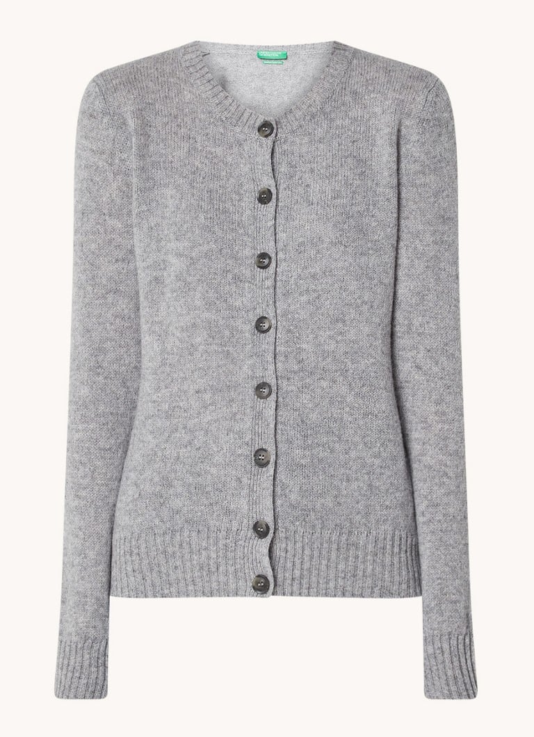 Cardigan Benetton cu guler rotund, confecționat din lână fină.