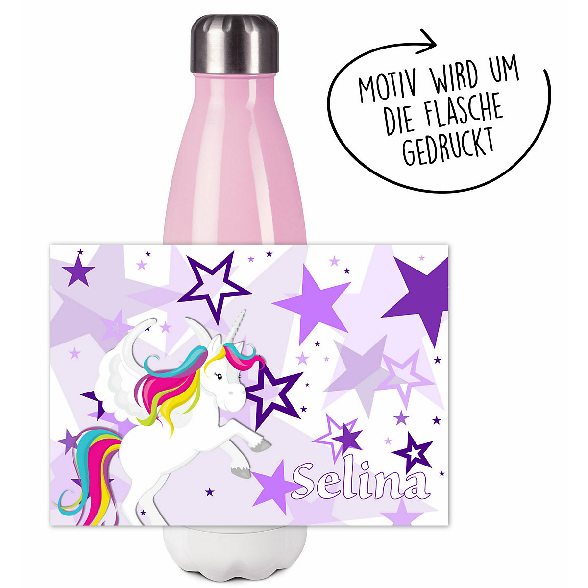 Edelstahl Kinder Thermoflasche / Trinkflasche bunt Pegasus Sterne Farbe lila Spülmaschinenfest, Auslaufsicher, Bruchfest, Doppelwandig, Für Heißgetränke geeignet, Mit Deckel, Isoliert