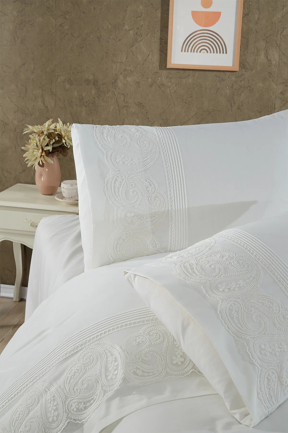 Çeyiz Diyarı  Schal-Bettbezug-Set mit französischer Spitze, gerippt, Creme