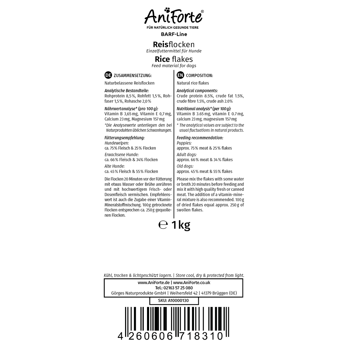 Aniforte Ergänzungsfutter & Aufzucht Aniforte BARF-Line Reisflocken 1kg
