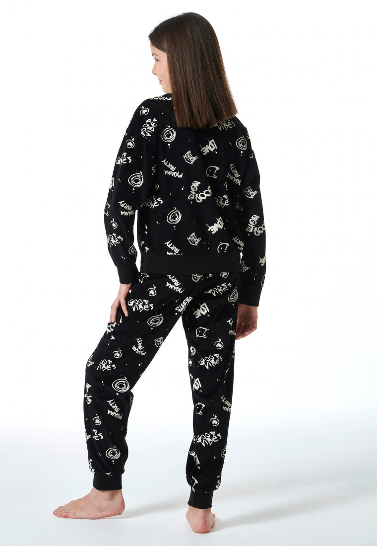 Schlafanzug lang Velour Graffiti schwarz - Nightwear
