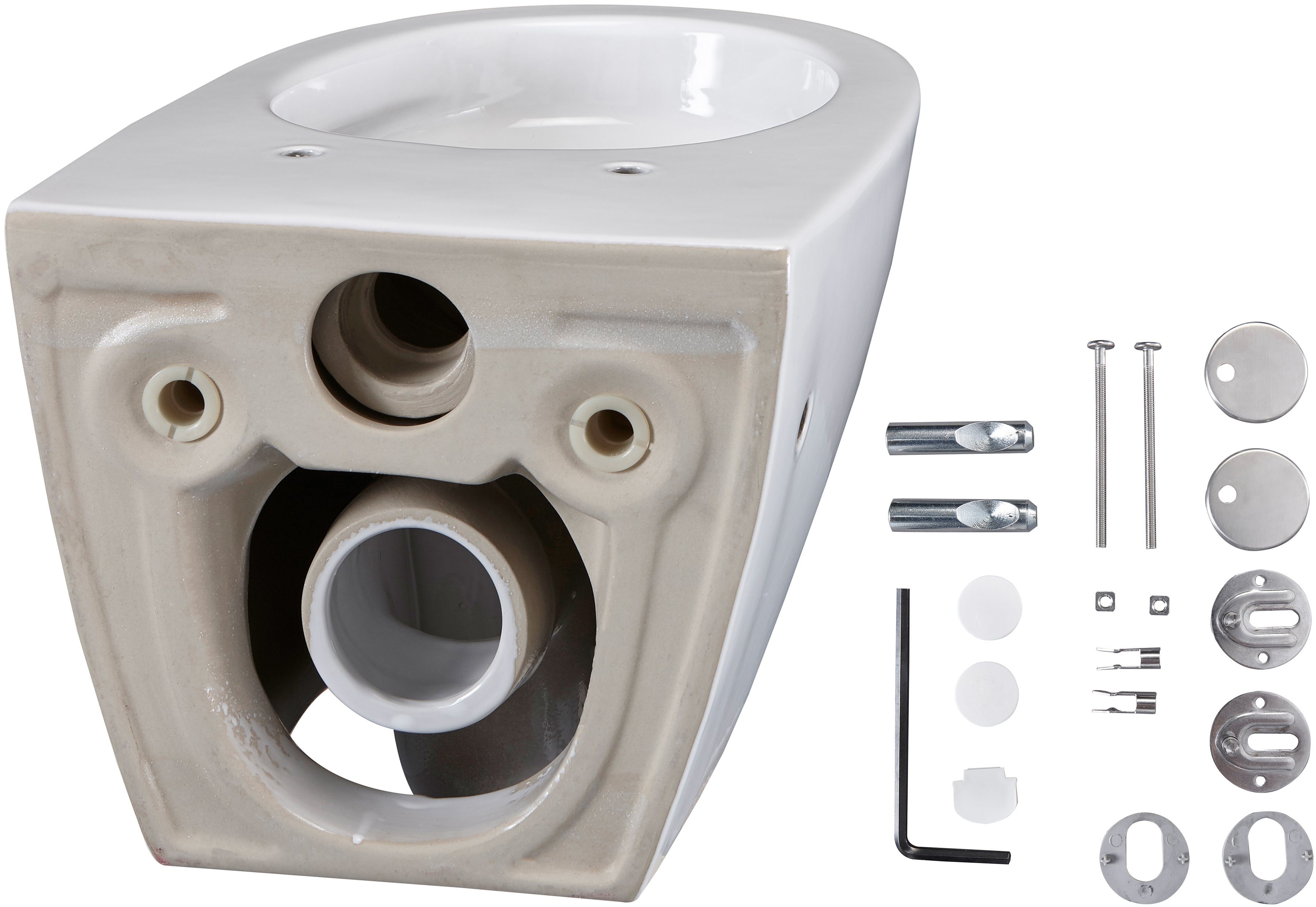 welltime Tiefspül-WC Spring, wandhängend, Abgang waagerecht, spülrandlose Toilette aus Sanitärkeramik, inkl. WC-Sitz mit Softclose