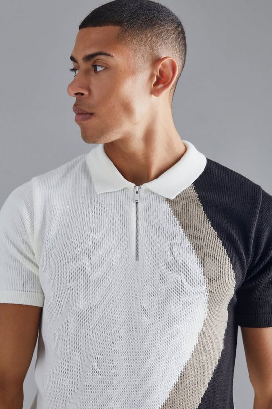 Jacquard Strick-Poloshirt mit halbem Reißverschluss