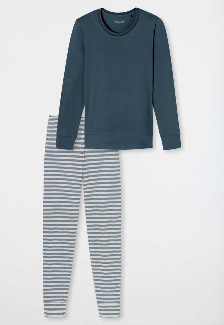 Schlafanzug lang Bündchen Ringel jeansblau - Casual Essentials