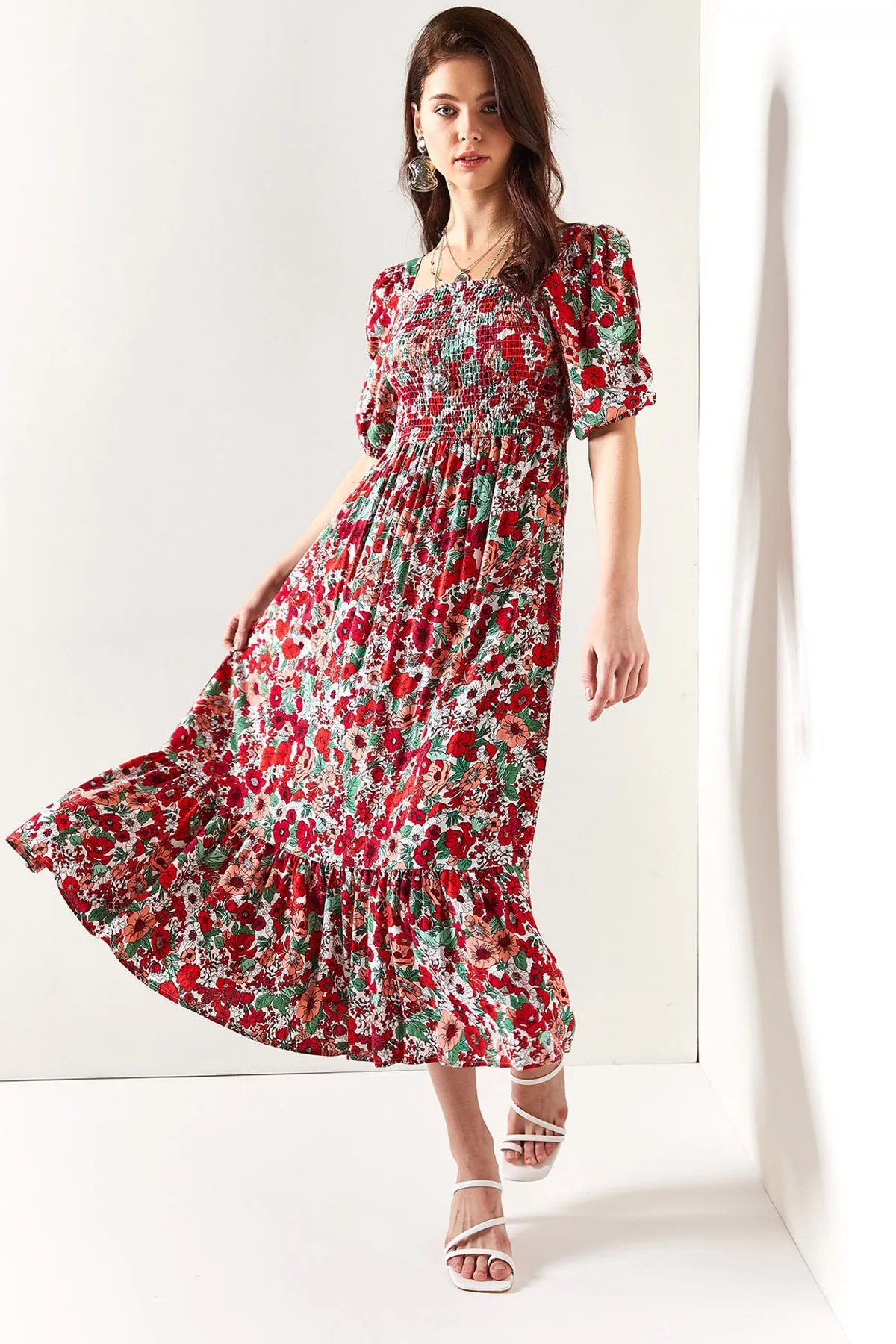 Olalook  Lässiges Kleid aus gewebter Viskose mit glitzerndem Rot-Mintgrün für Damen ELB-19001483