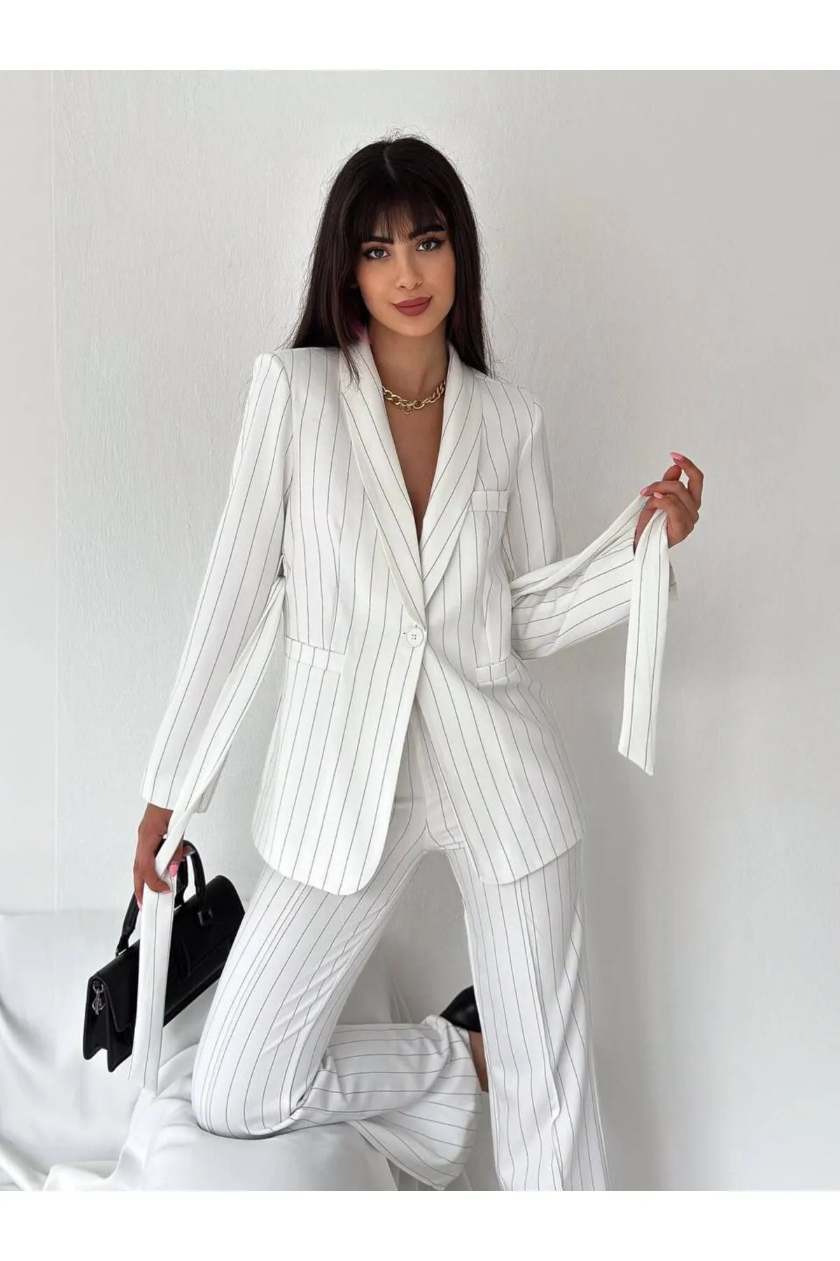 ZF BUTİK  Anzug aus Jacke und Hose mit Gürtel und Streifen