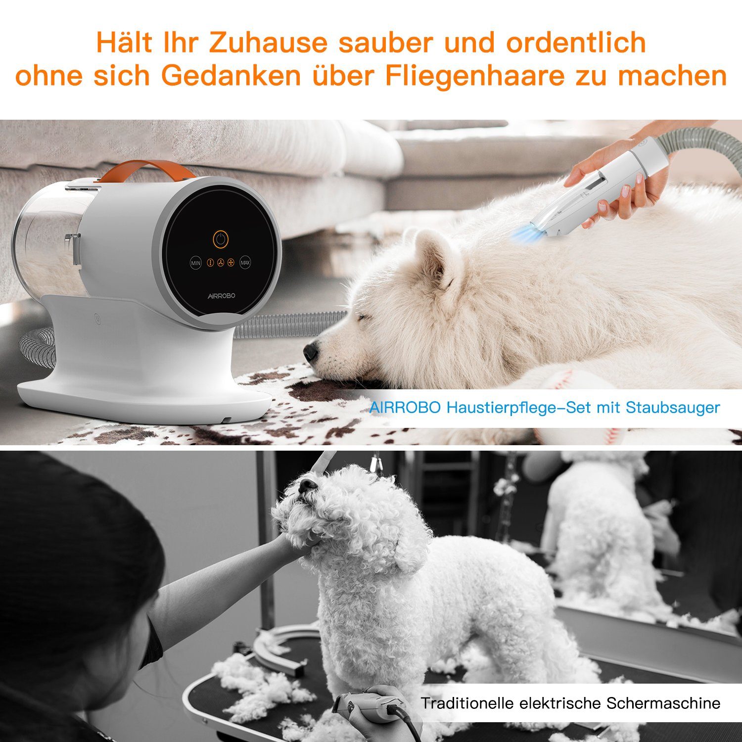 AIRROBO Hundeschermaschine Tierhaarentferner, für viele Haustiere geeignet, 5-in-1, Schlauch abnehmbar