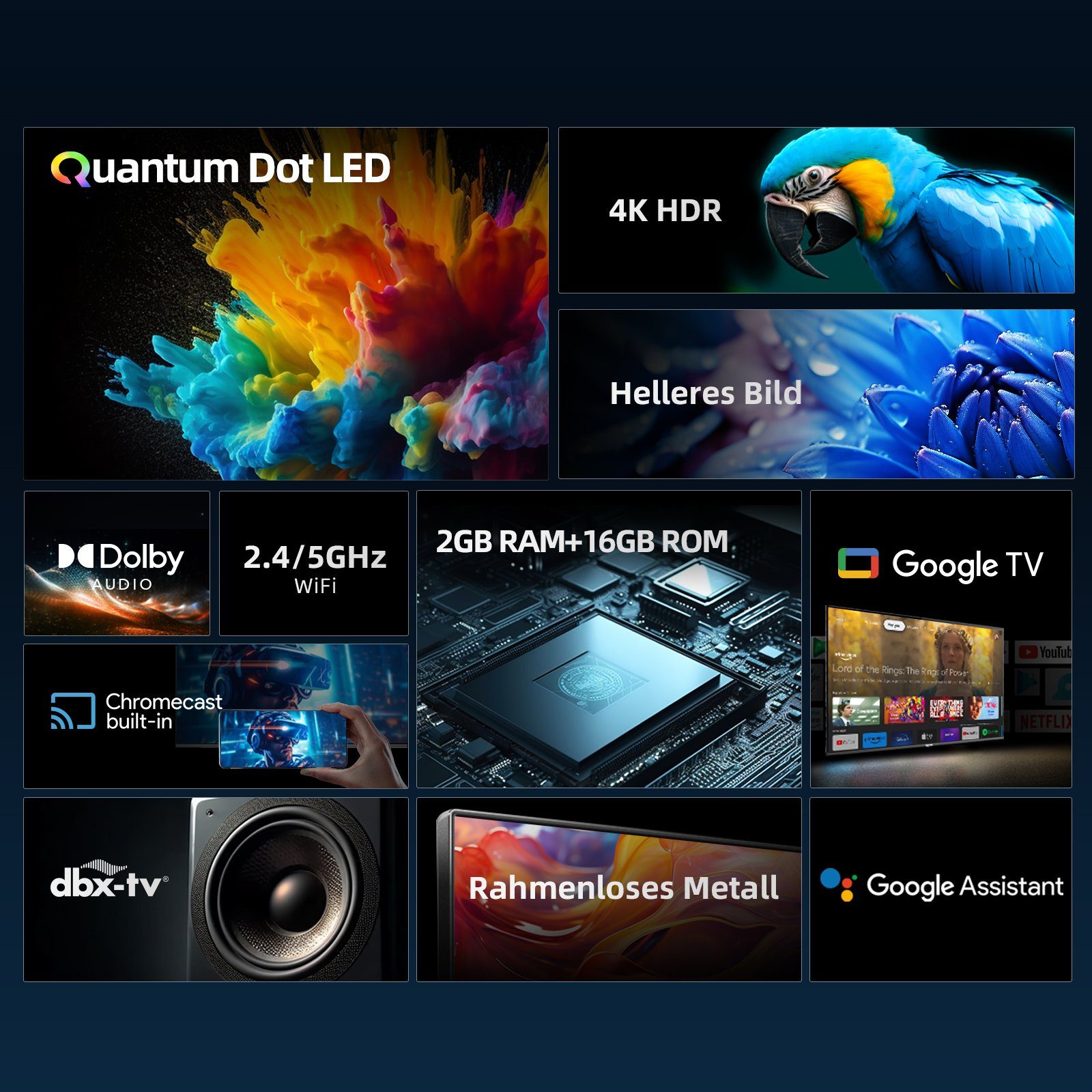 CHiQ U55QM8G QLED-Fernseher (139,00 cm/55 Zoll, 4K Ultra HD, Smart-TV, Google TV, WCG,Metall Rahmlos design, Google Assistant)