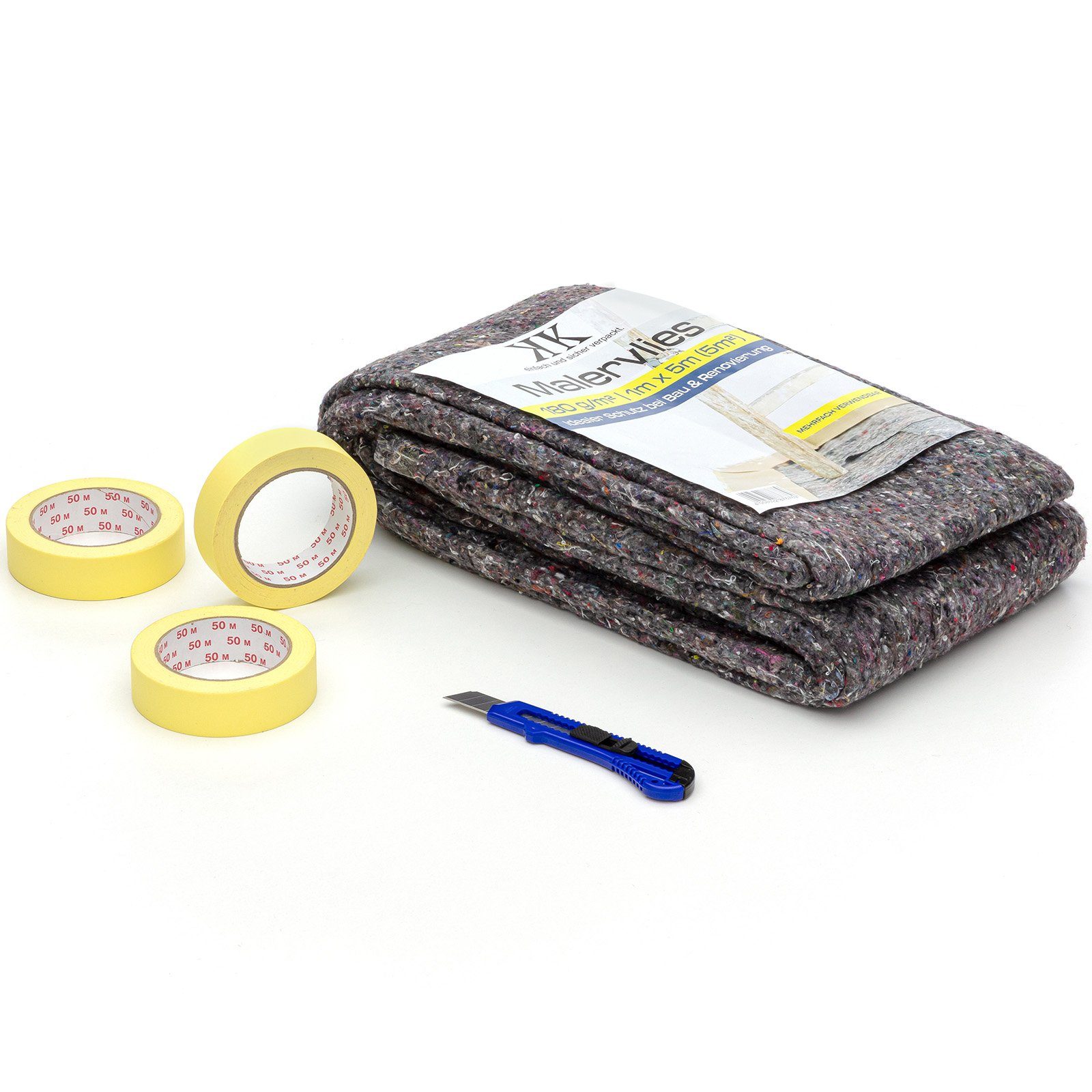 KK Verpackungen Bodenschutzvlies, (Spar-Set), Set Malervlies 5m Kreppband 30mm x 50m Cuttermesser 18mm