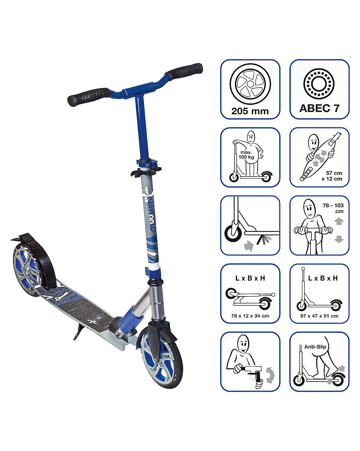 Aluminiumscooter Muuwmi Deluxe 205mm, grau-blau