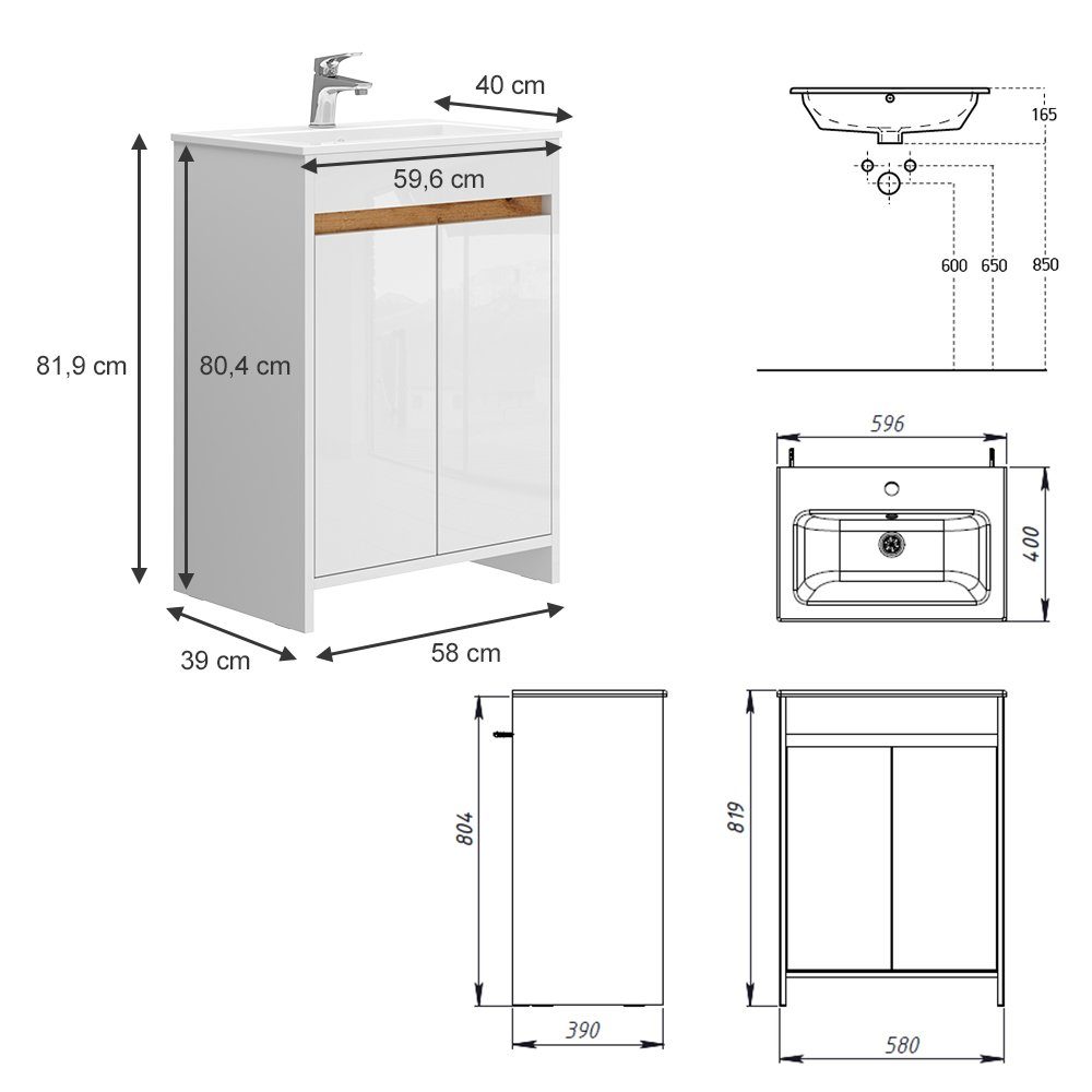 Vicco Badmöbel-Set Waschtisch mit Waschbecken LEMGO Weiß, (2-St., 2-er Set)